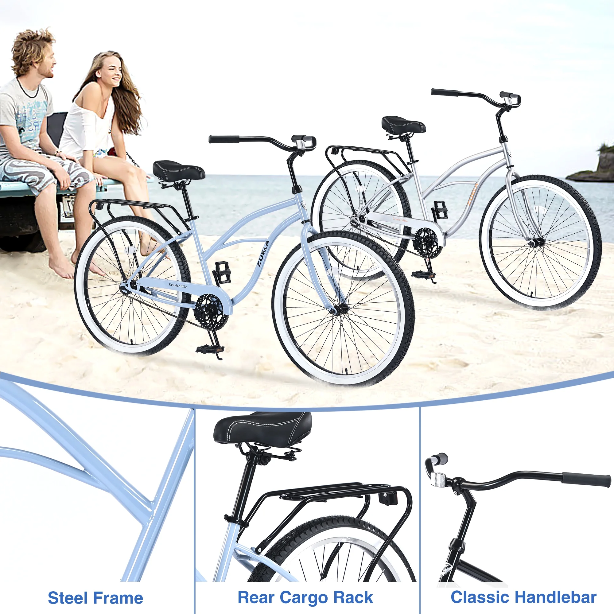 26 in Beach Cruiser Bike, Single Speed Bicycle with Steel Frame, Wide Wheels and Rear Coaster Brakes, Comfortable City Commuter Bike for Adult Men, Blue