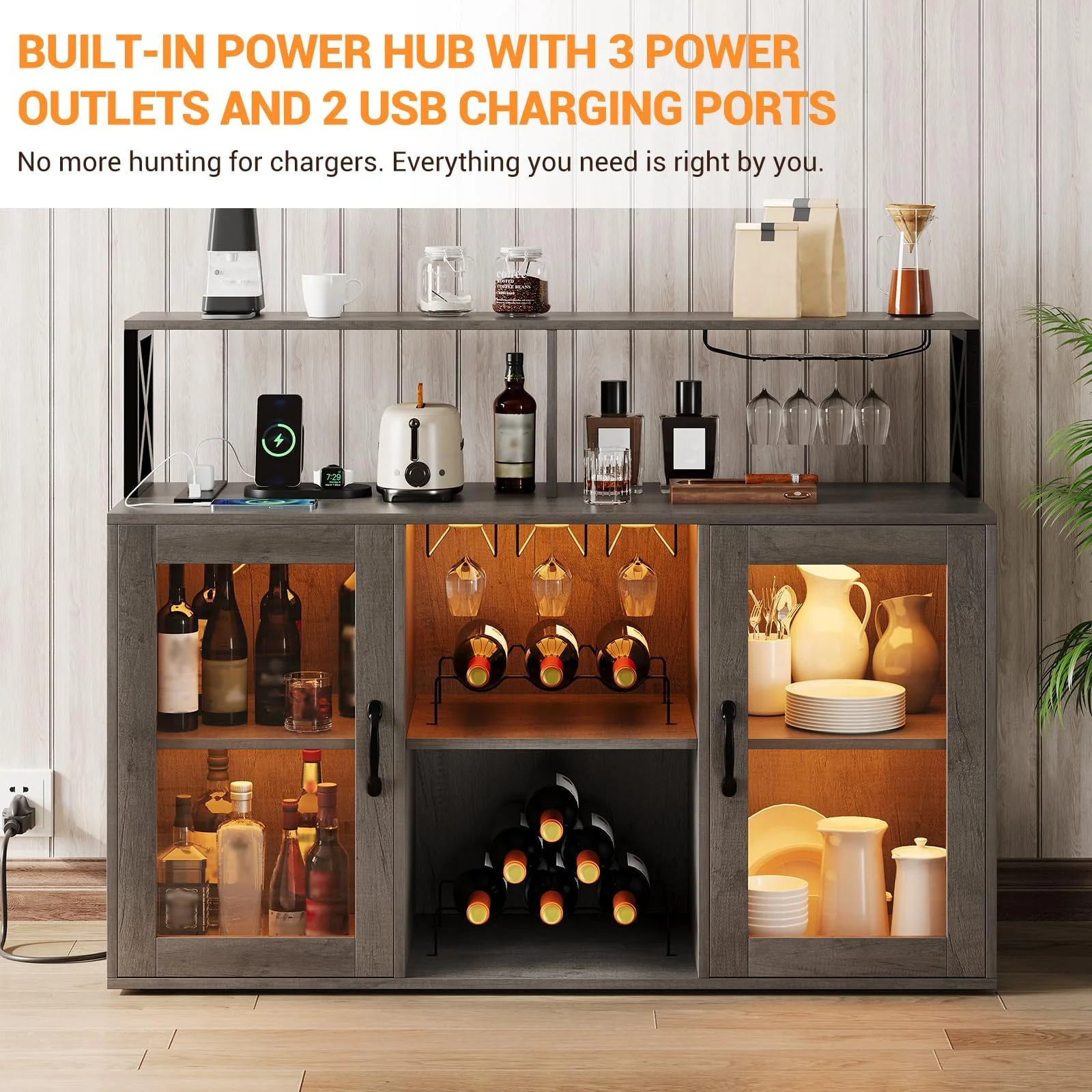 Bar Cabinet for Home, Wine Cabinet with Power Outlets, Led Lights and and Glass Holder, Liquor Cabinet with Storage, Racks for Home, Kitchen(Retro Gray) - Image 6