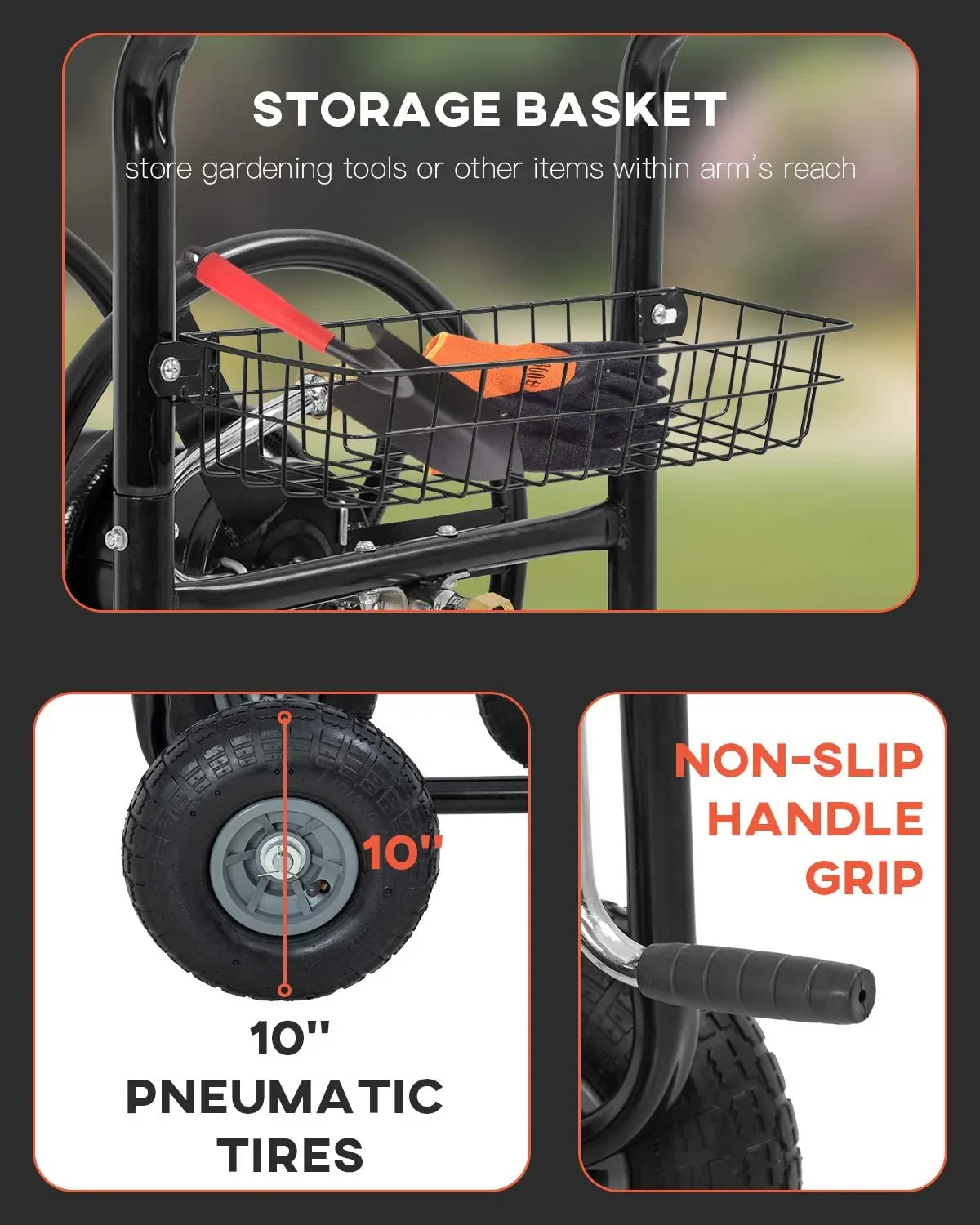 FDW Heavy-Duty Garden Hose Reel Cart w/ Basket