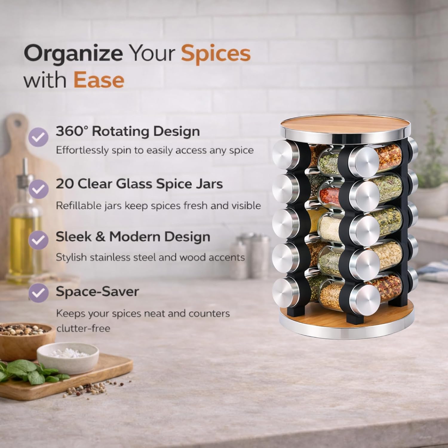 20 Jar Rotating Spice Rack, Wood & Stainless Steel Countertop