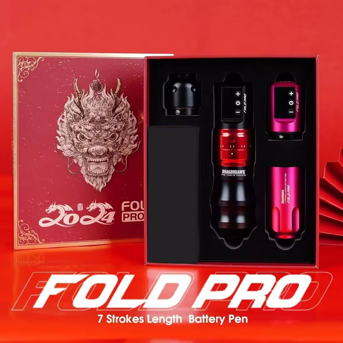 Mast Tattoo Gun Pen Machine, Fold Pro Cordless Year of Dragon Edition Tattoo Machine Gift, Power Motor by Mcore-C3