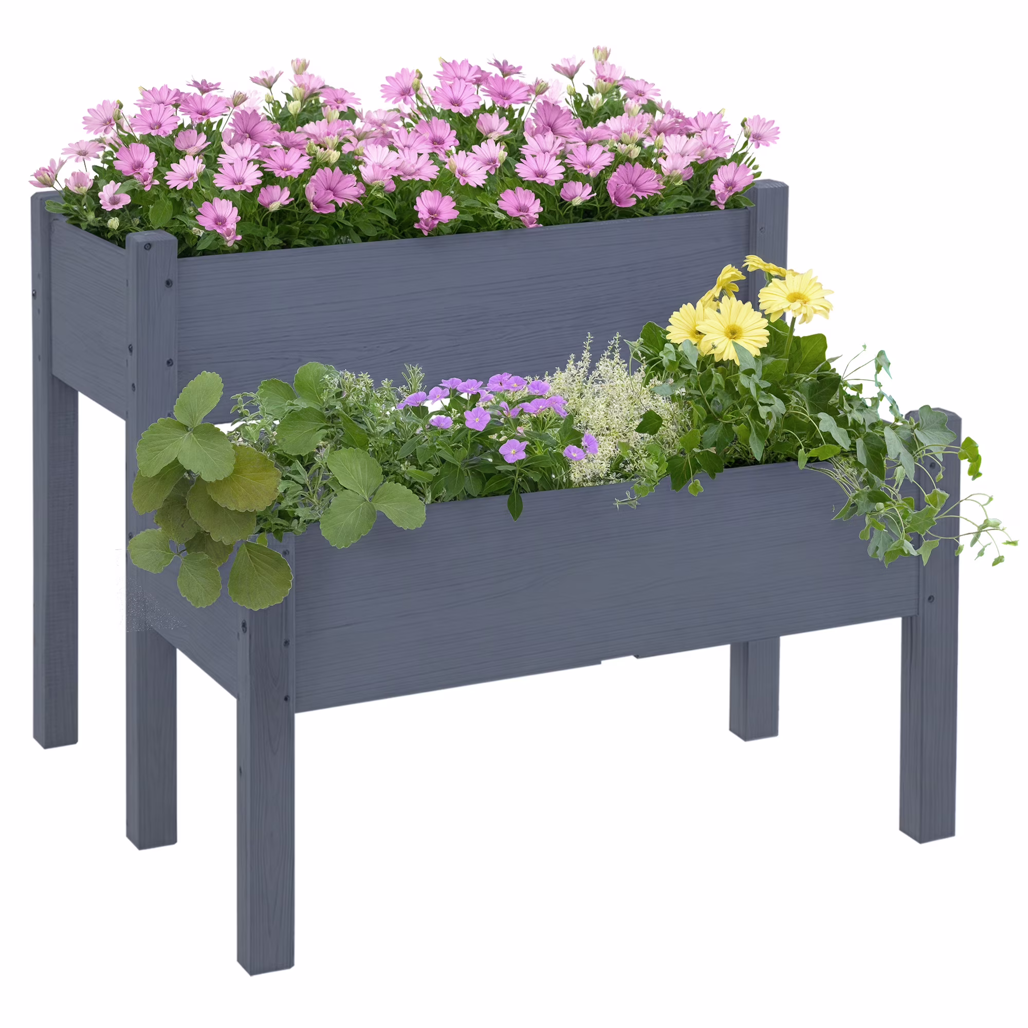 QISHENSHUI 2-Tier Raised Garden Bed 34x34x28 �C Elevated Wood Planter Stand with Deep Grow Box for Healthy Root Development & Back-Friendly Gardening, Gray