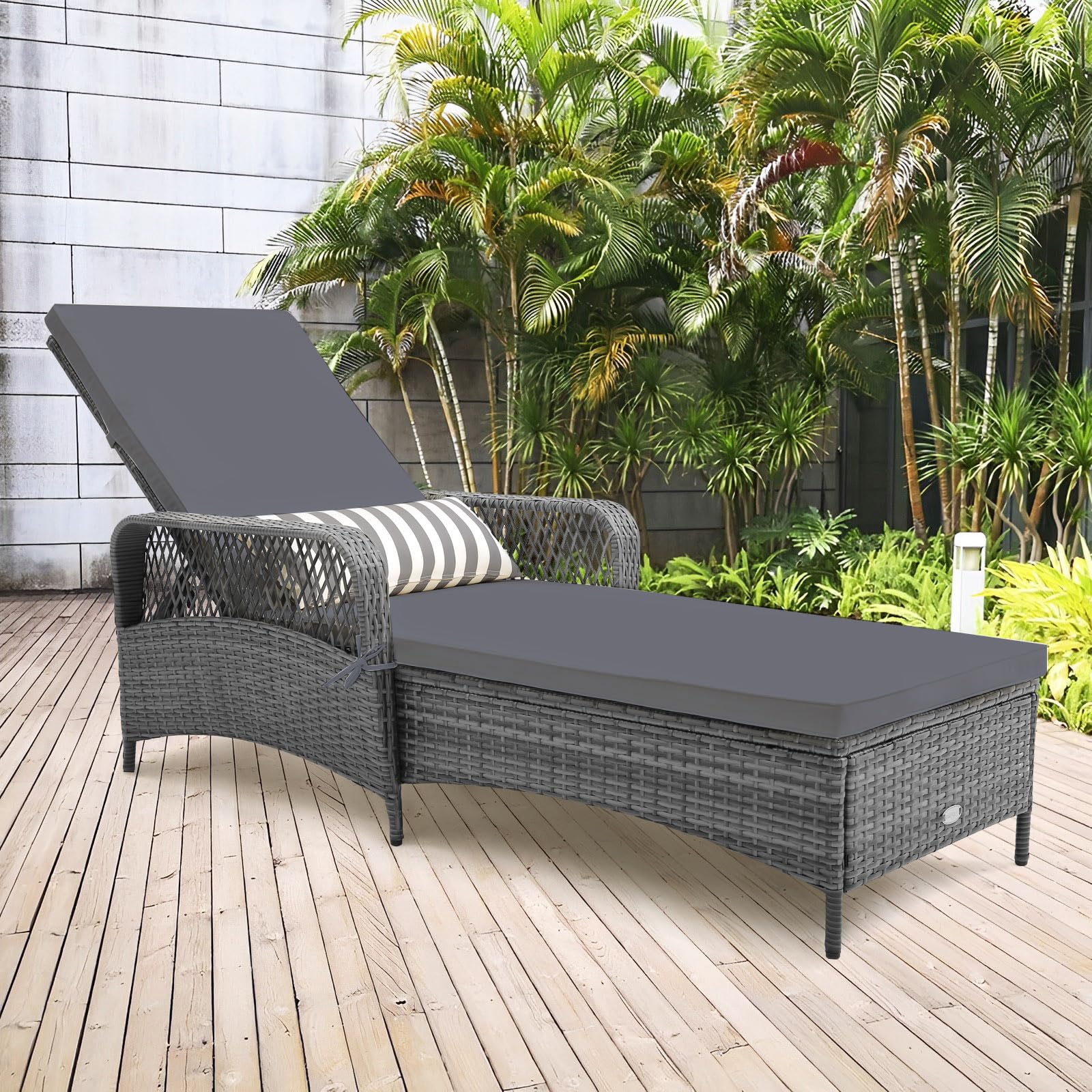 Tangkula Wicker Chaise Lounge Outdoor 6-Gear Adjustable Backrest, Thick Padded Cushion & Removable Lumbar Pillow