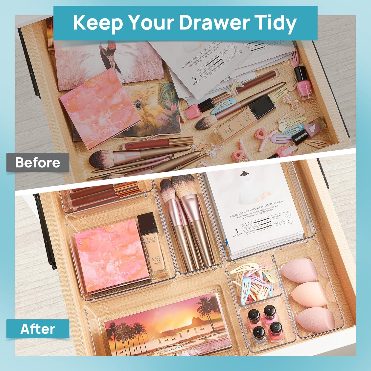 Vtopmart 25 PCS Clear Plastic Drawer Organizers Set, 4-Size Versatile Bathroom and Vanity Drawer Organizer Trays, Storage Bins for Makeup, Bedroom, Kitchen Gadgets, Utensils and Office