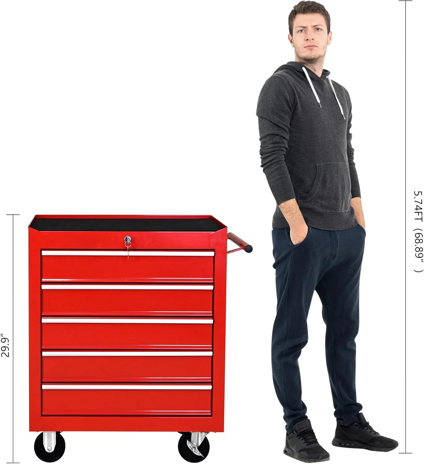Tool Chests, 5-Drawer Rolling Tool Storage Cabinet with Detachable Tray, Multi-Functional Handles, Adjustable Shelves, Secure Locking System, Heavy-Duty Wheels, Ideal for Garage, Workshop(5-Drawers/Red) - Image 7