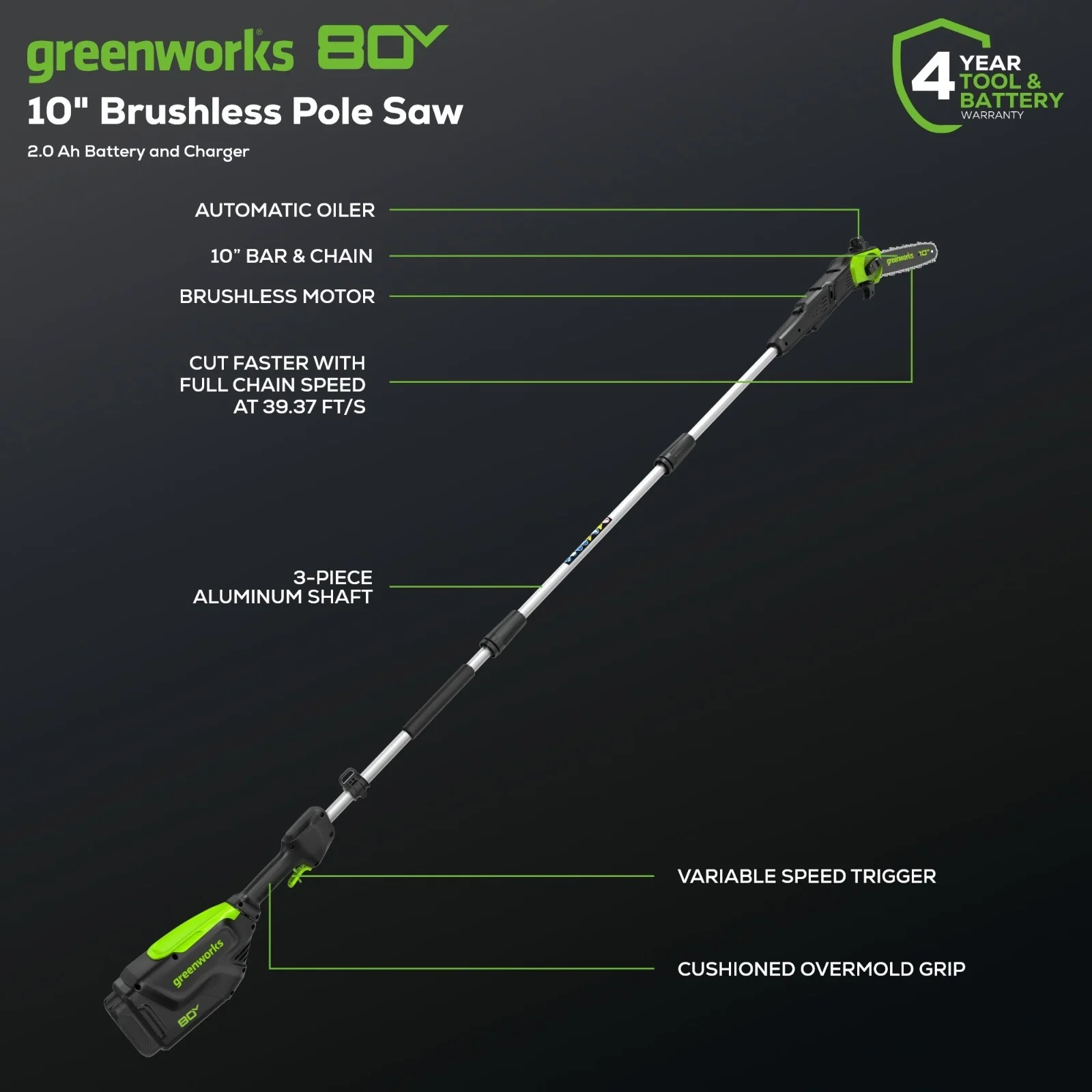 80V 10 inch Pole Saw (Max Reach 14Ft) w/ 2Ah Battery and 2A Charger - Image 2