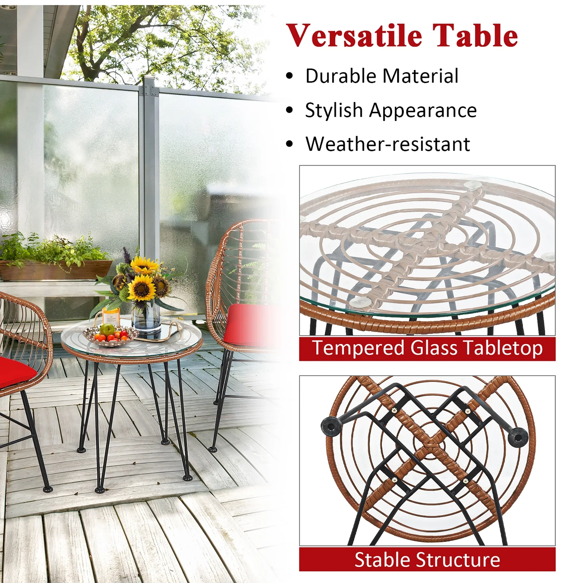 Costway 3PCS Patio Rattan Bistro Set Coffee Table Armchair Garden Red Cushion