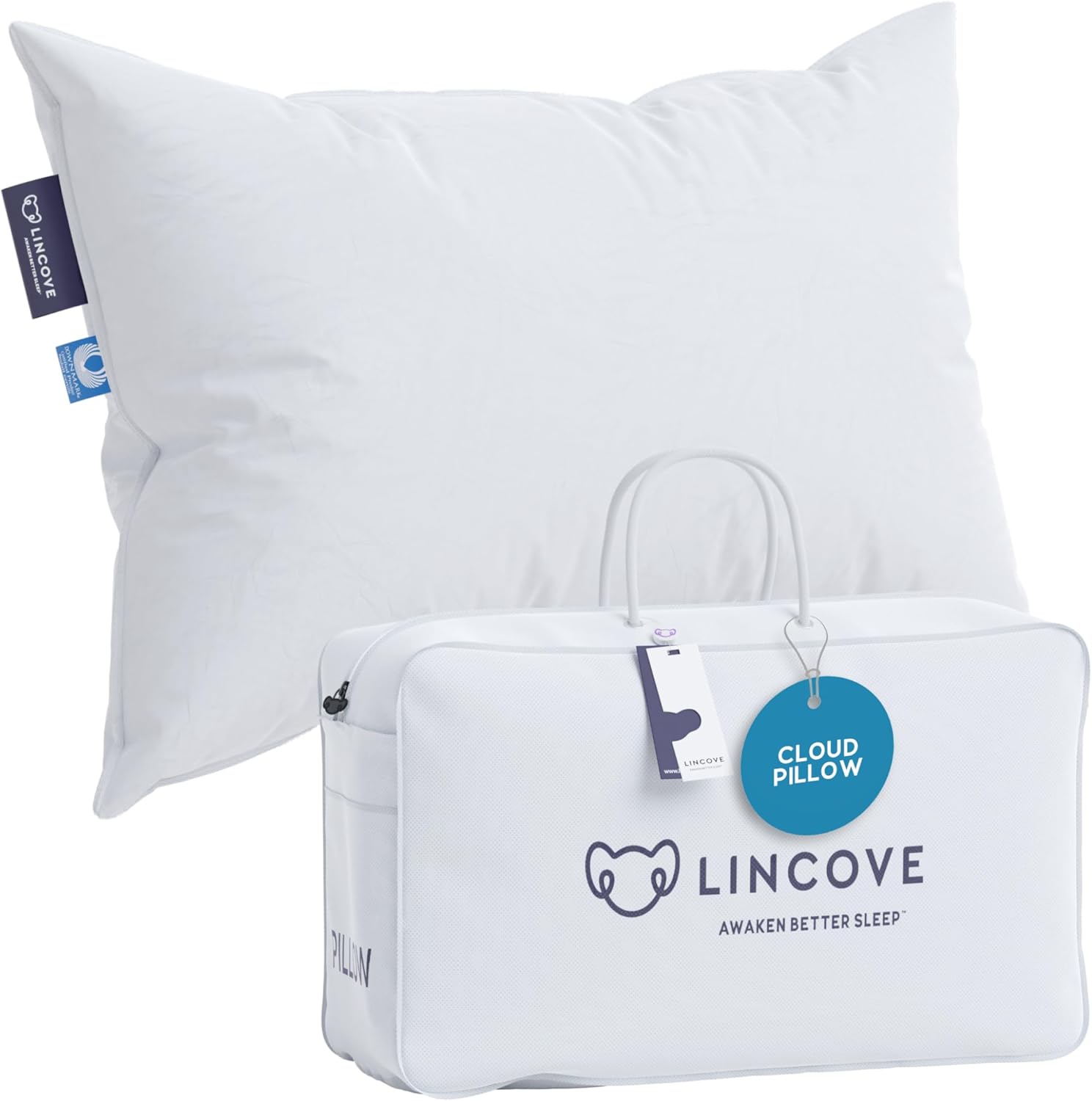 Lincove Cloud Natural Canadian Down Pillow, White Luxury Sleeping Pillow - 625 Fill Power, 500 Thread Count Cotton Shell, Made in Canada, Standard - Firm, 1 Pack