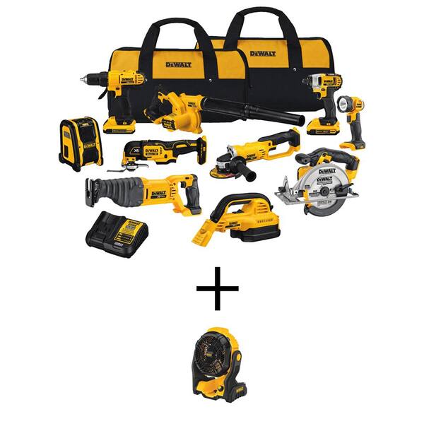 20V Max Cordless Combo Kit (10-Tool) and 20V MAX Jobsite Fan with (2) 20-Volt 2.0Ah Batteries, Charger Bag and