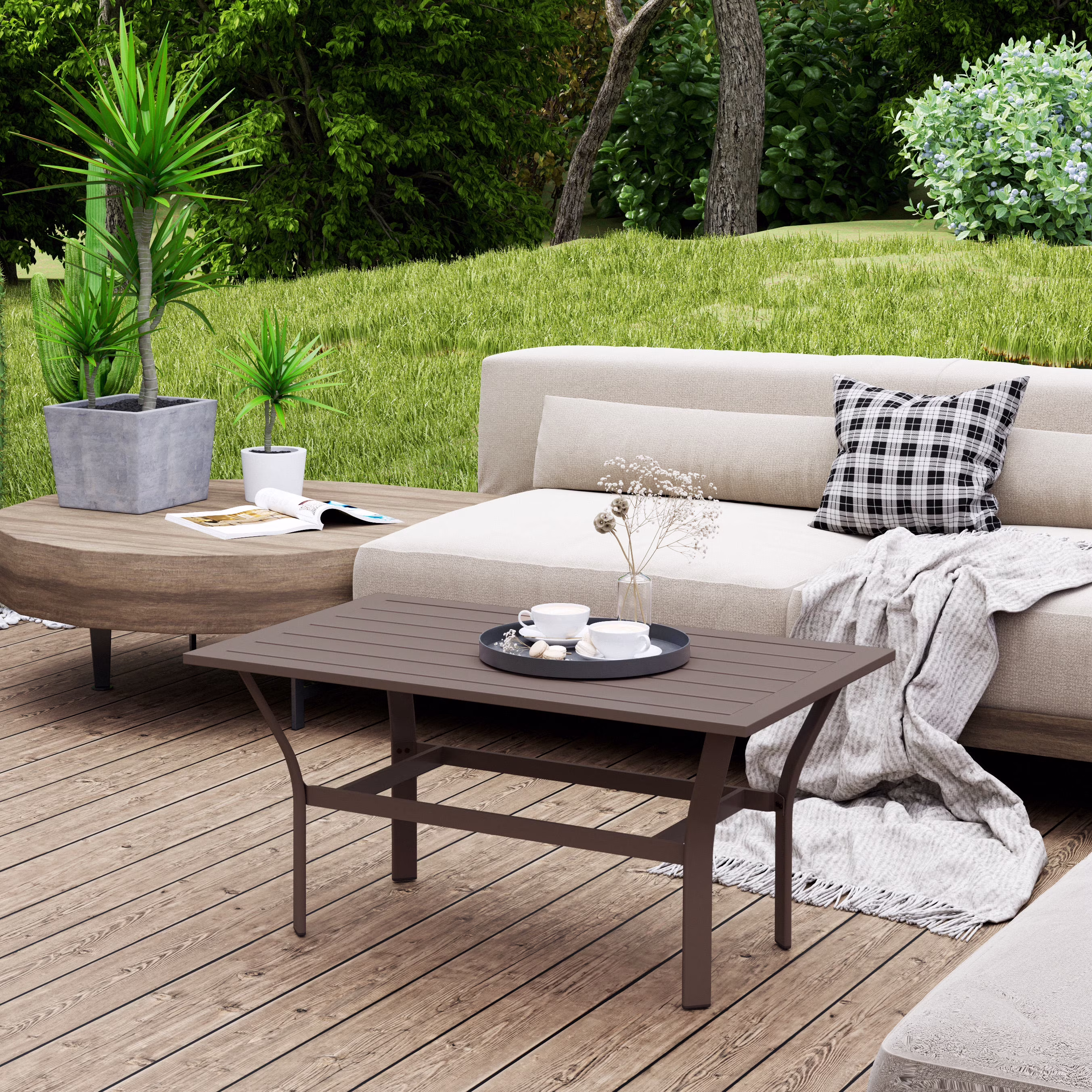 Outdoor Coffee Table, All-Weather Rectangle Patio Coffee Table with Slatted Tabletop for Outside, Patio, Brown(Brown)