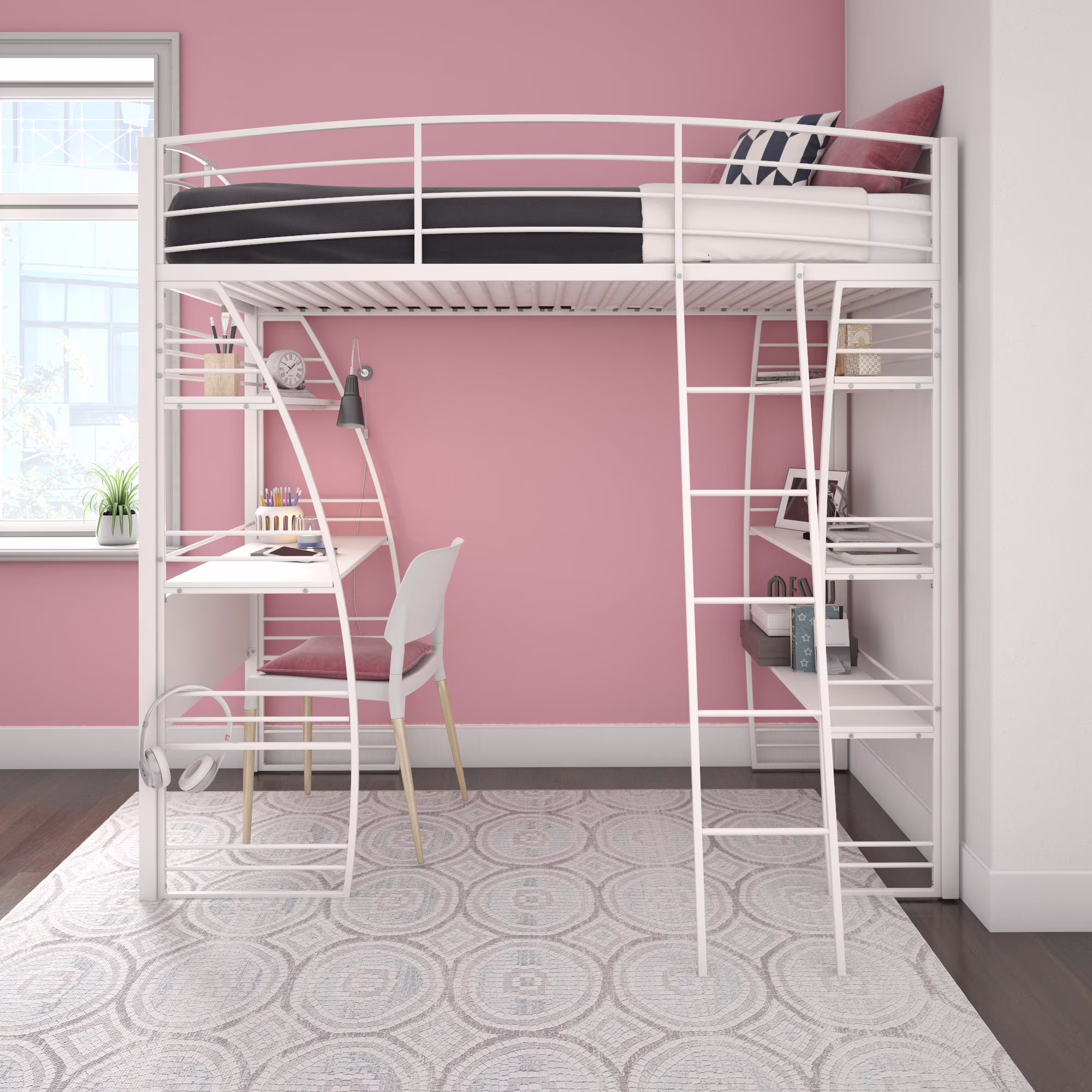 Sage Studio Twin Metal Loft Bed with Integrated Desk and Shelves, Off White(Twin/White)