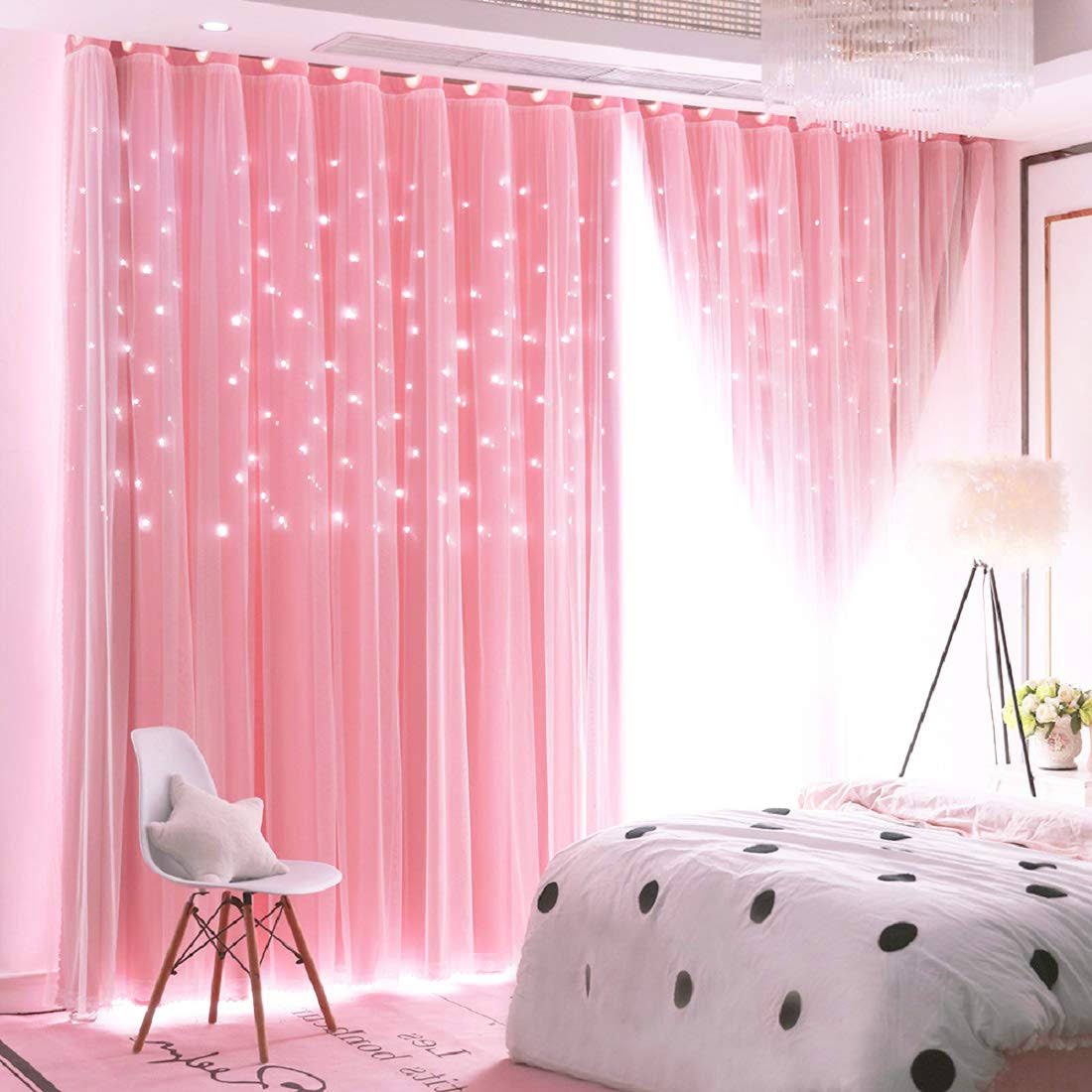 Unistar 2 Panels Stars Blackout Curtains for Bedroom Girls Kids Baby Window Curtain Double Layer Star Cut Out Aesthetic Living Room Decor Wall Home