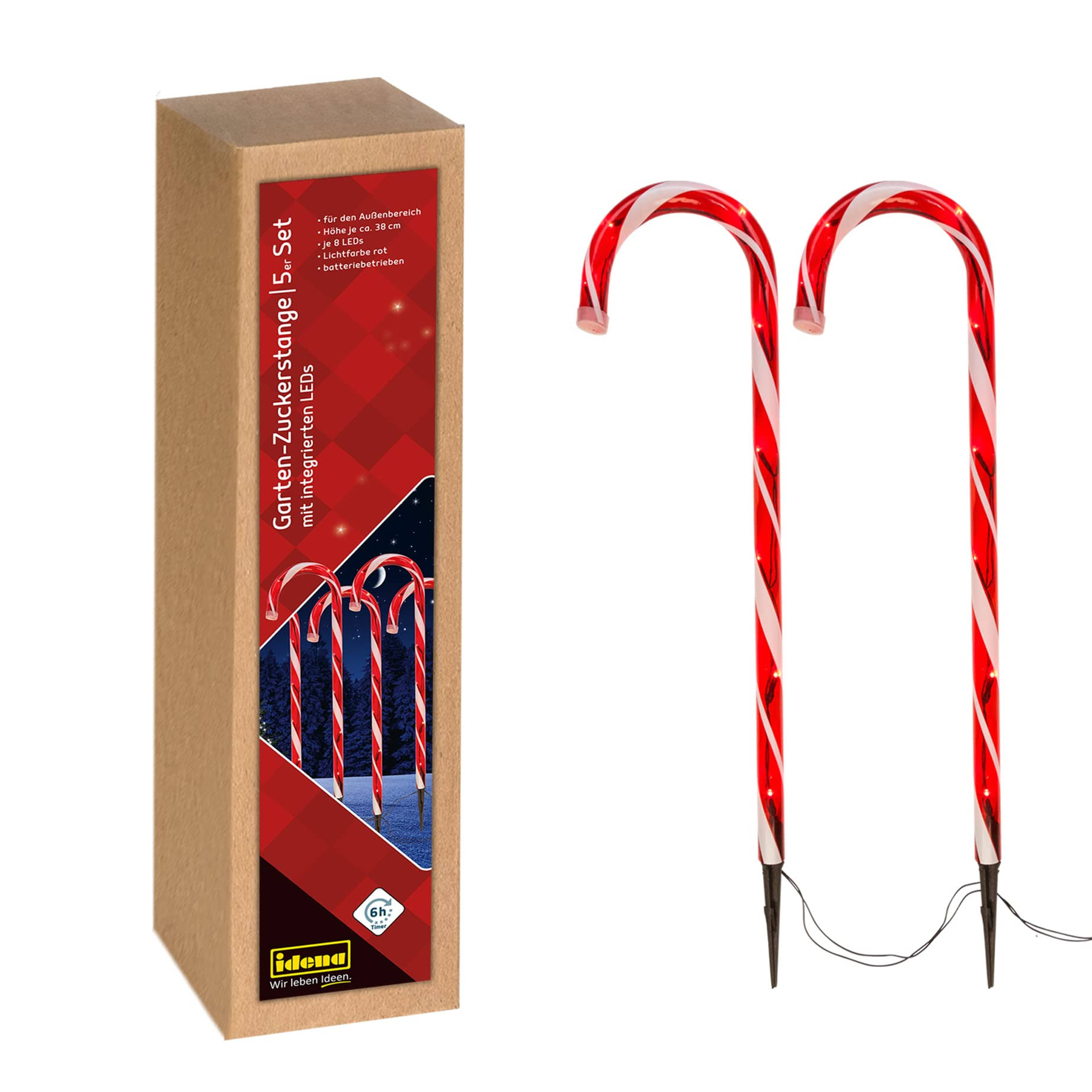 Idena 31348 LED Candy Canes with 40 LEDs in Red/White, 5 Light Sticks for The Garden, with Timer Function, Battery Operated, Includes Ground Spike,
