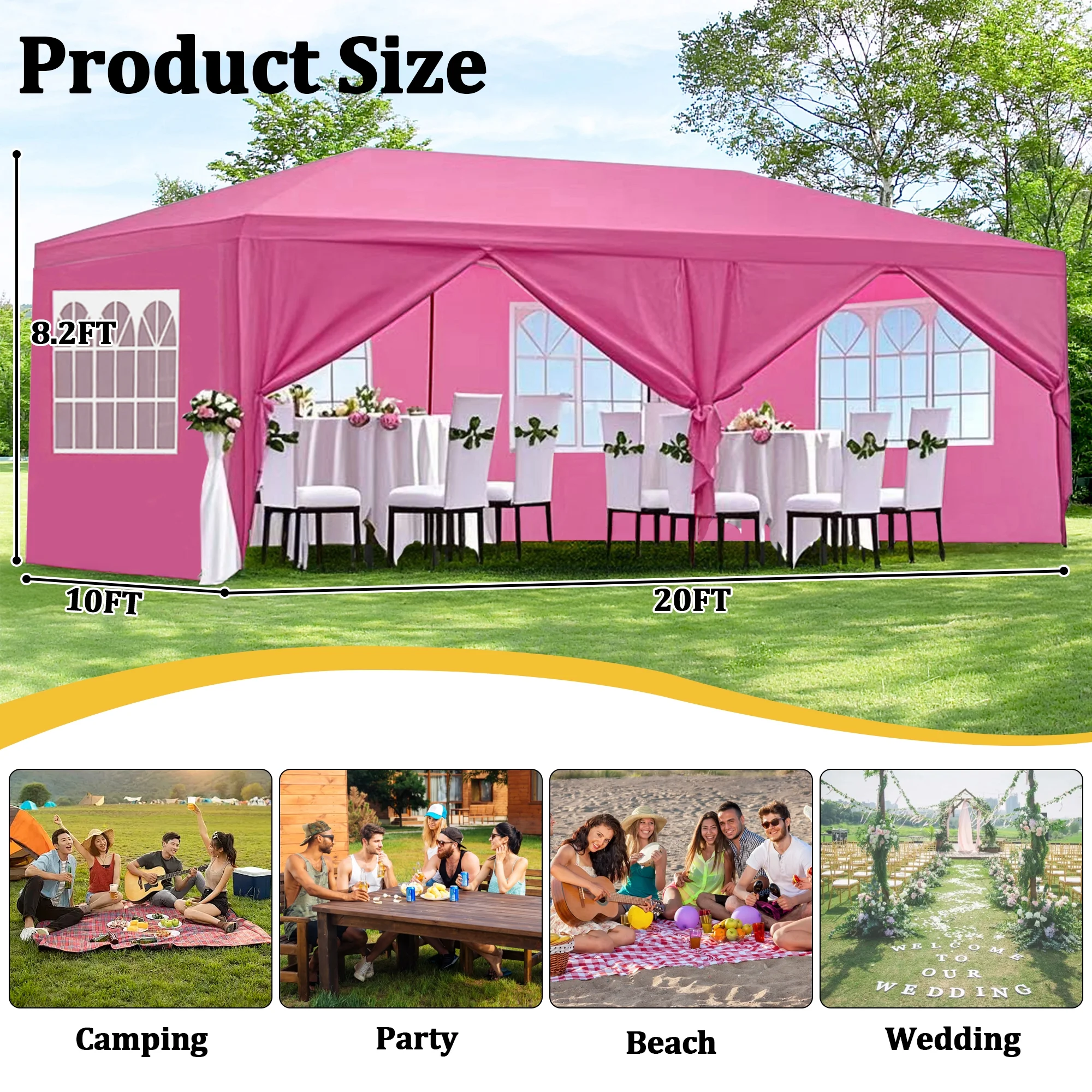 10'x20' Canopy Tent Wedding Party Outdoor Gazebo with 6 Removable Sidewalls for Weddings and Events,Pink(Pink) - Image 4