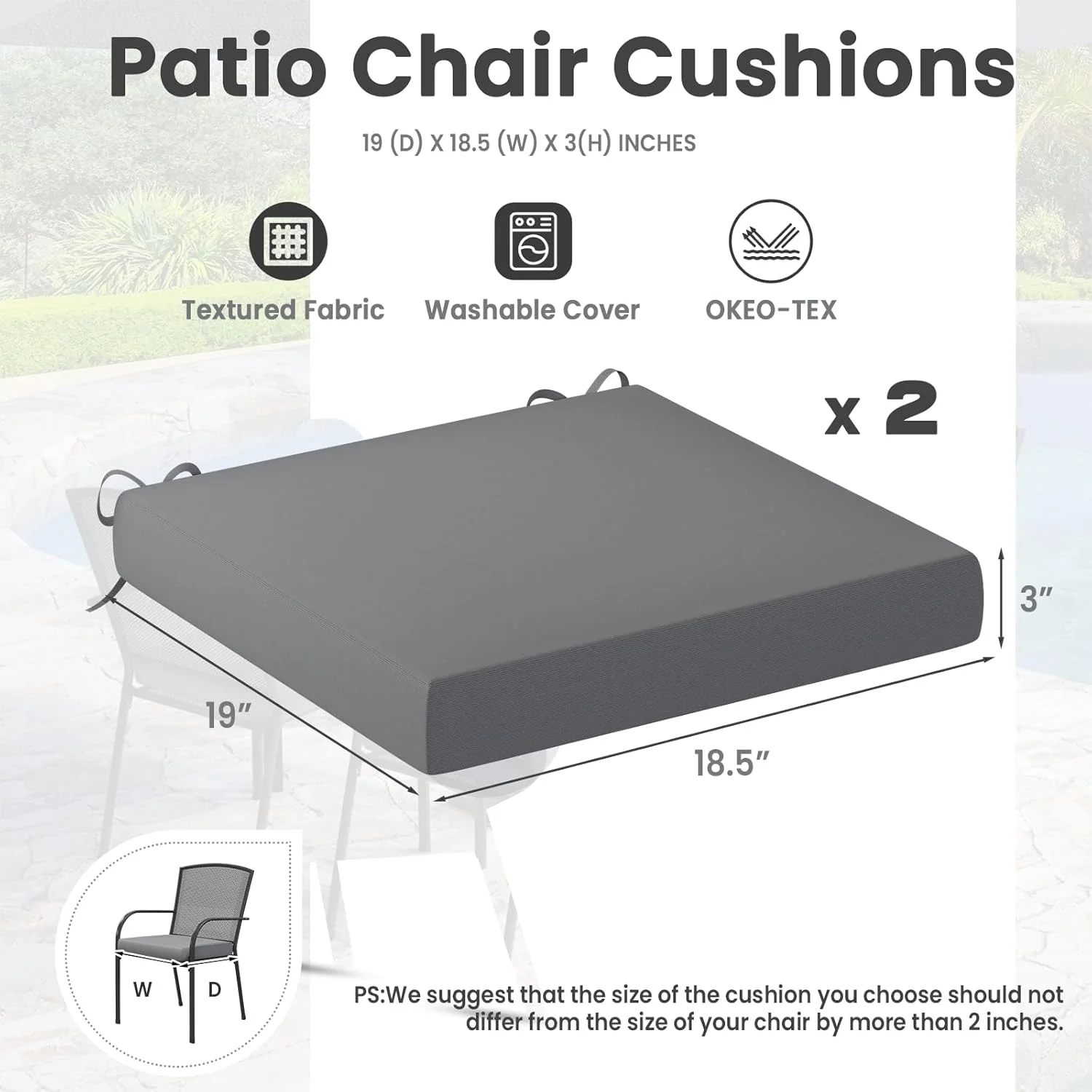 AECOJOY Outdoor Chair Cushions, 19 x 19 x 3 Inch Seat Cushions for Patio Furniture, Splashproof & Fade Resistant, Beige&Dark Grey