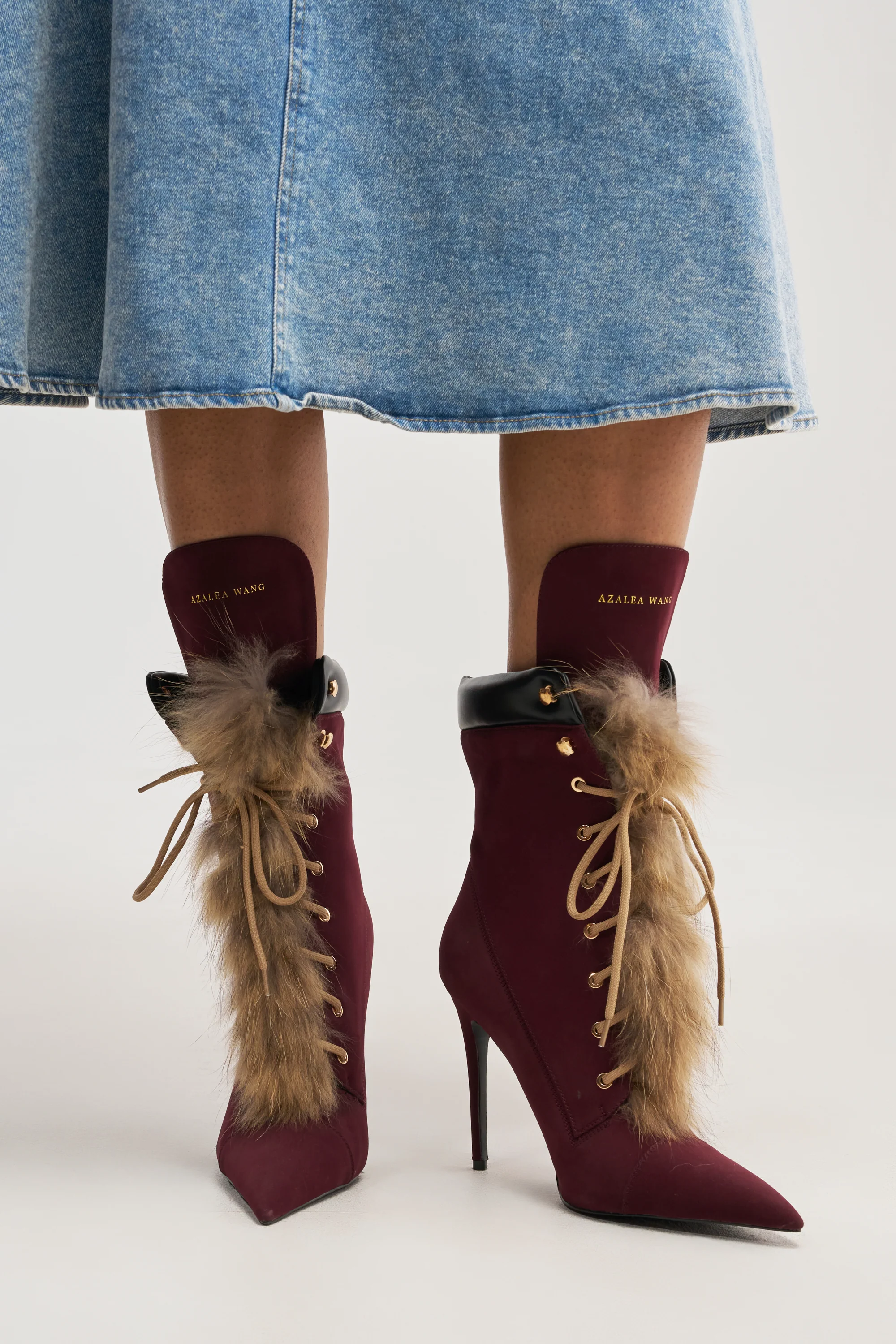 AKIRA GOLD NYMERA BURGUNDY STILETTO BOOTIE WITH FUR - Akira Store