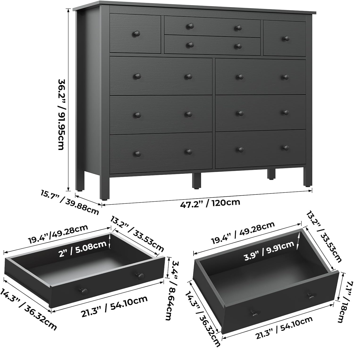 10 Drawer Large Black Dresser for Bedroom, 47.2
