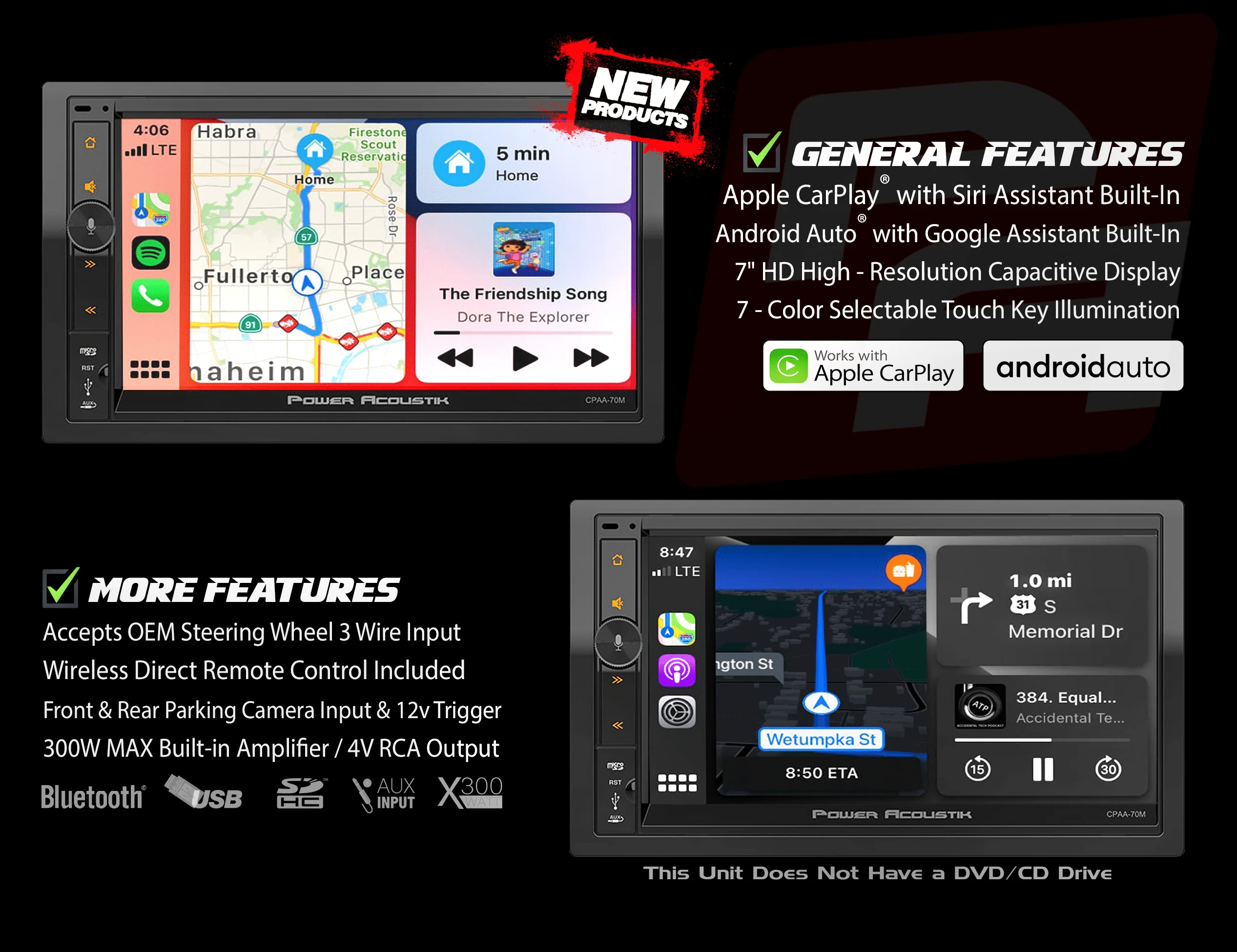 Power Acoustik Car Stereo Combo | Car Play/Android Auto Receiver (4) 6 5" Speakers | 7" HD LCD with Capacitive Touchscreen Bluetooth | Double Din | CPAAM7 S2 Image 2