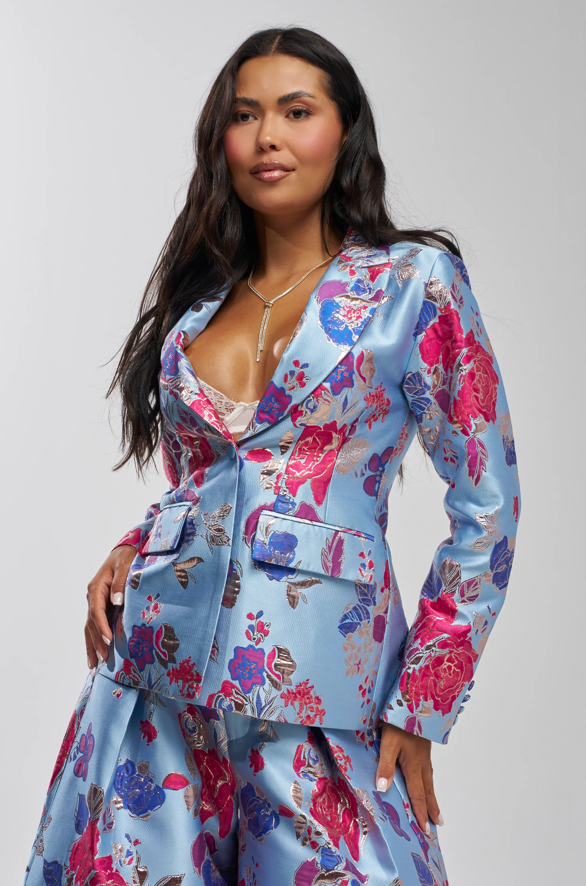 BUY MYSELF FLOWERS BROCADE BLAZER IN BLUE - Akira Store