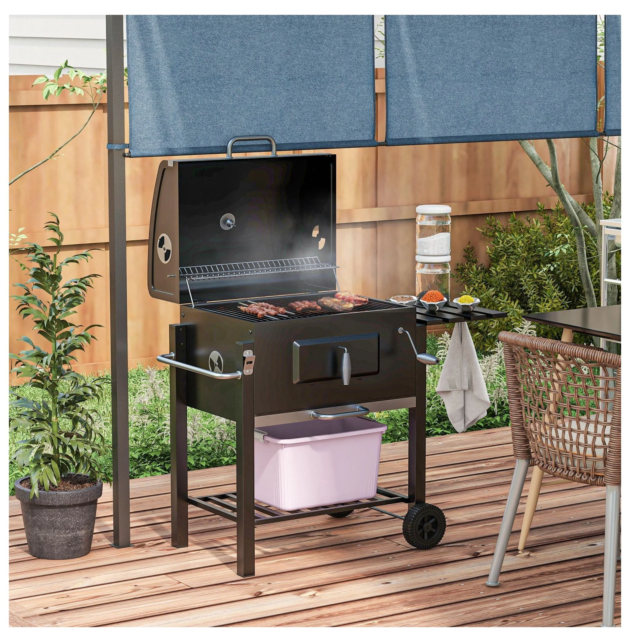 Charcoal BBQ Grill & Smoker Combo Outdoor Portable Trolley Camping Picnic Black