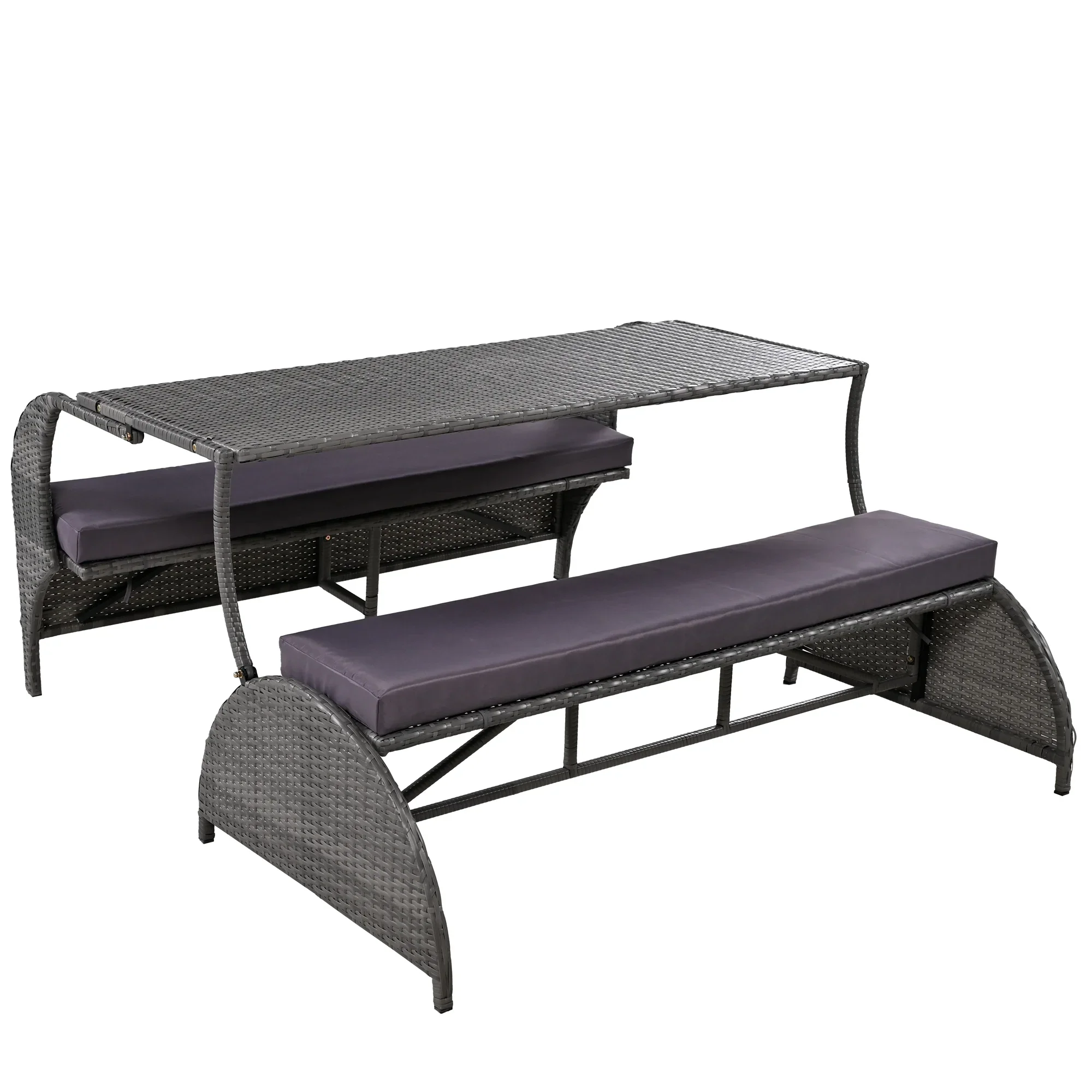 Huloretions 57.1 Outdoor Loveseat,Outdoor Table and Bench Chairs Convertible Picnic Upholstered Bench Table for Garden Yard Porch