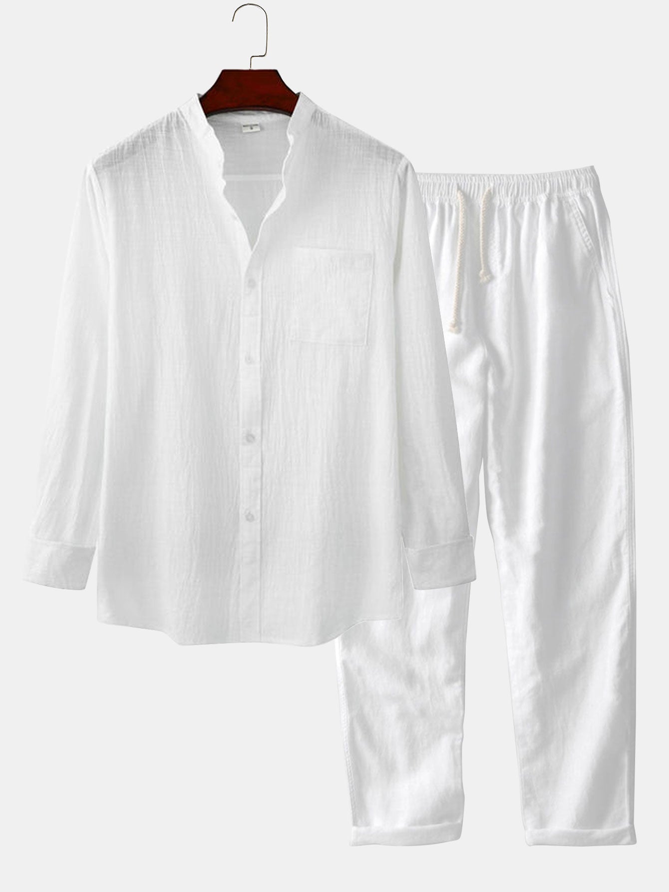 Chemise à manches longues en lin, col montant, et pantalon droit en lin