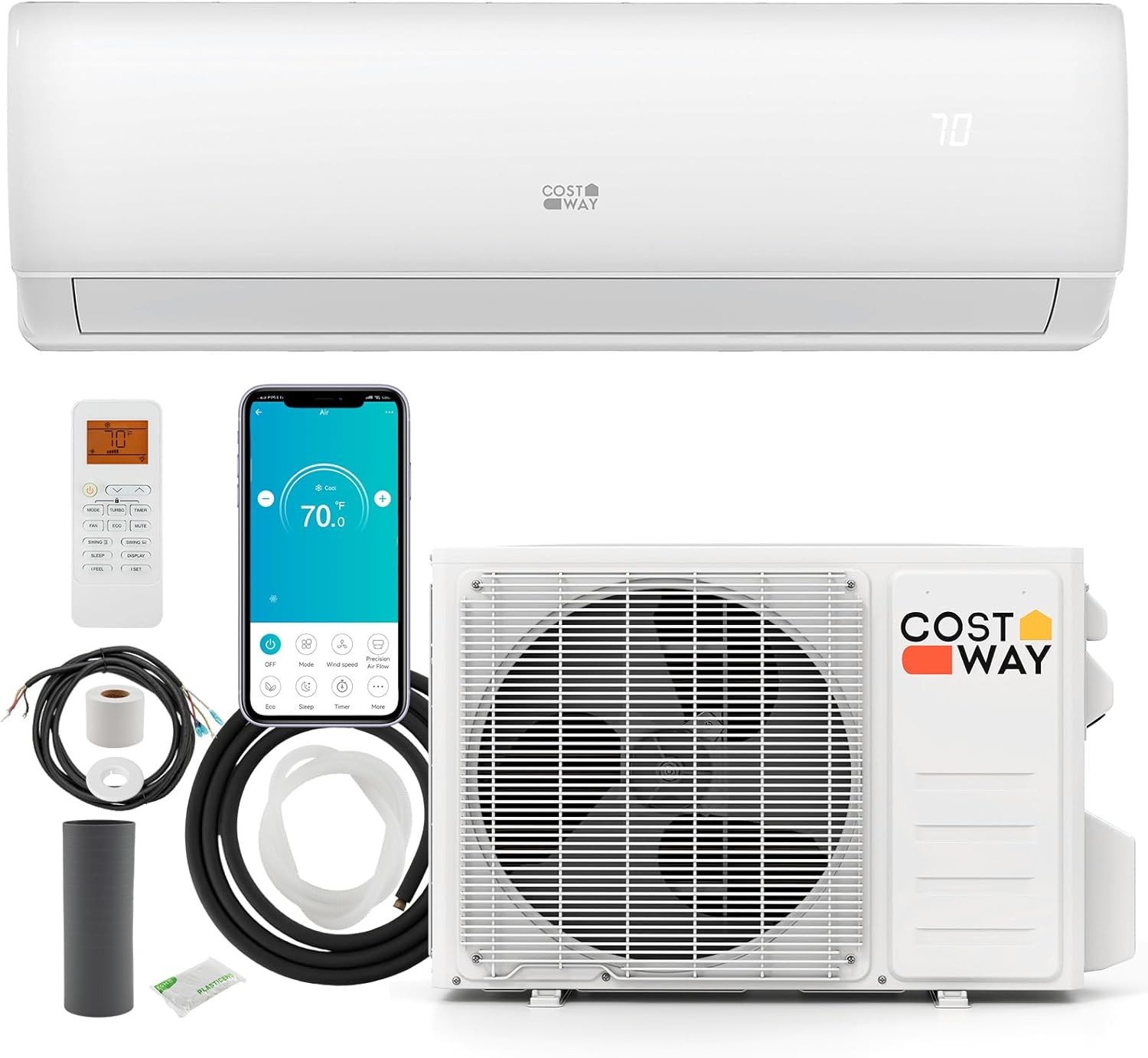 COSTWAY 11500 BTU Mini Split Air Conditioner, 208/230V 17 SEER2 Wifi Enabled Inverter Air Conditioner & Heater Pump System Cools Up to 750 Sq. Ft, Compatible with Alexa, w/Installation Kit