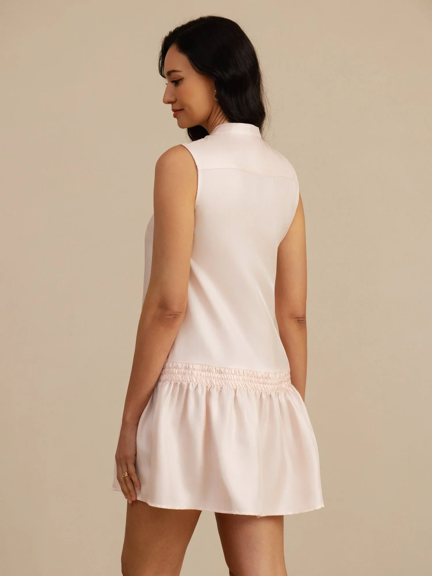 Pure Silk Sleeveless Short Dress With Adjustable Drawstring Drop Waist