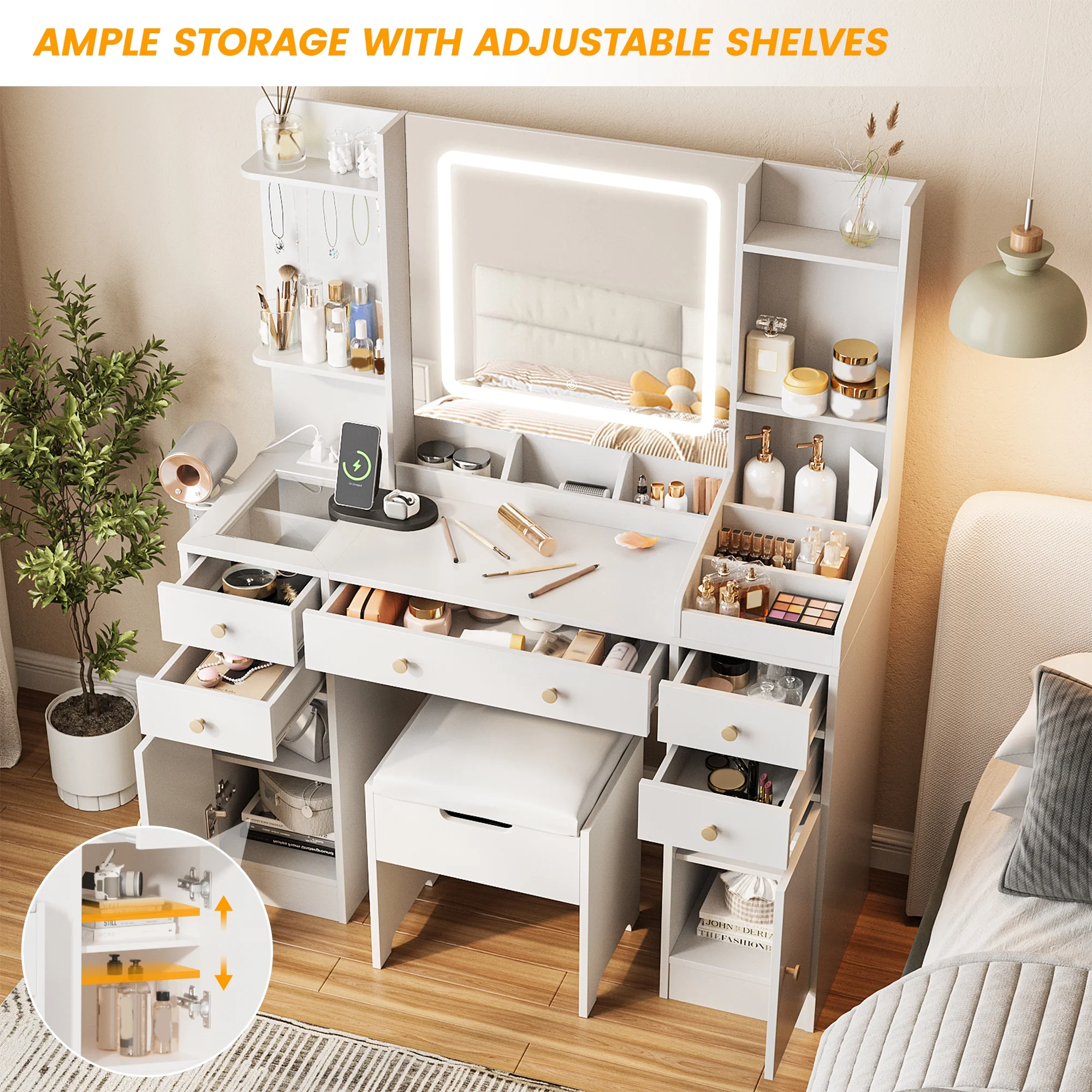 Vanity Set with Mirror and Lights, Makeup Table with Charging Station,5 Drawers Storage Shelves, White(white) - Image 4