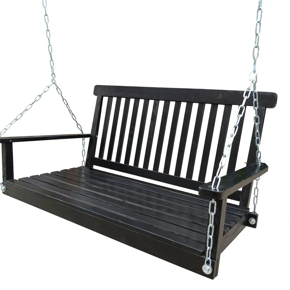 Front Porch Swing with Armrests,Wood Swing Bench with Hanging Chains for Outdoor Patio Garden Yard,800 LBS Weight Capacity,Easy to Assemble,Black