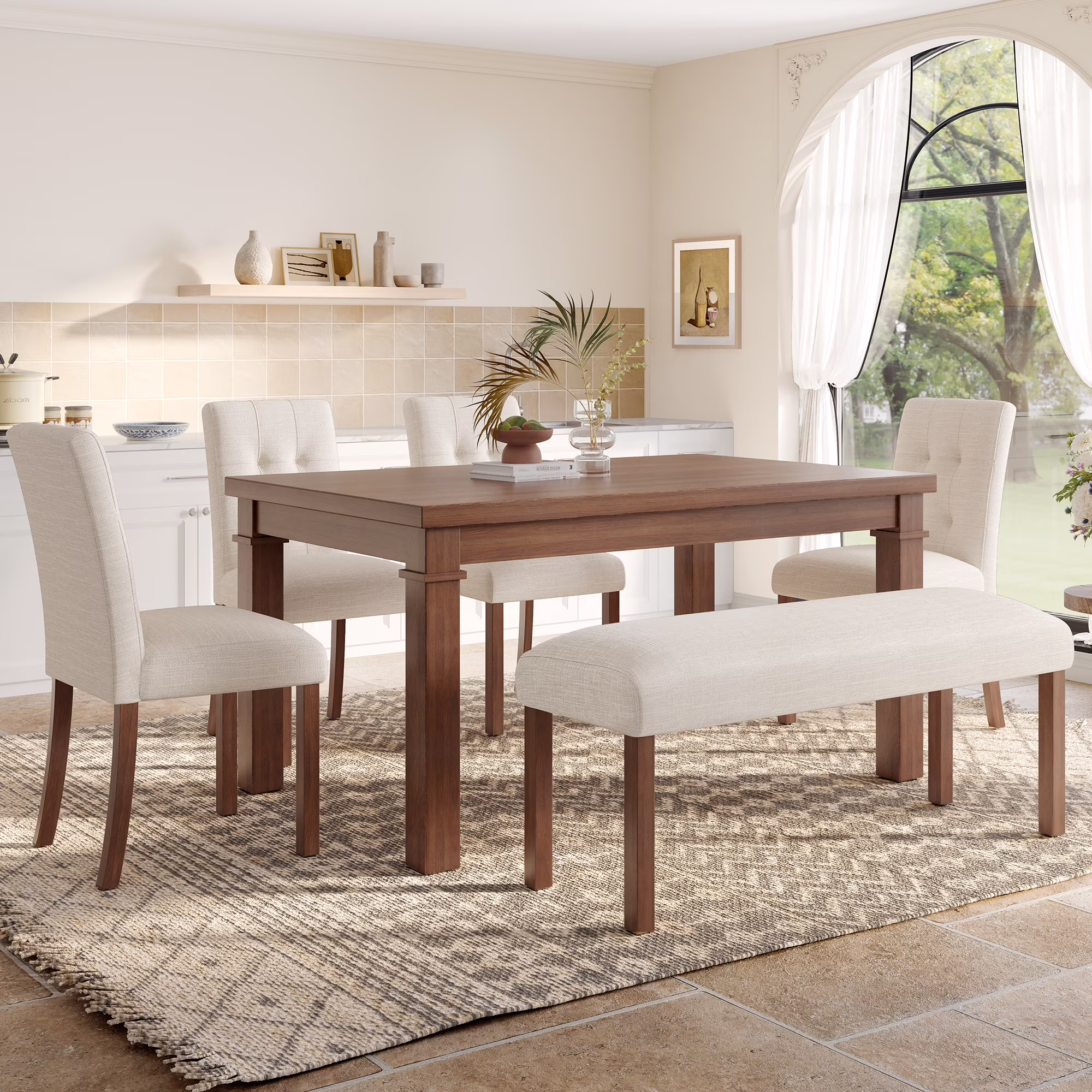 6-Piece Wood Dining Table Set for 6, Modern Rectangular Kitchen Table with 4 Upholstered Chairs Bench for Kitchen Dining Room,Walnut(Walnut)