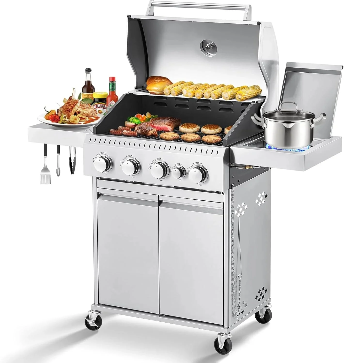 Upgraded 4 Burner Bbq Propane Gas Grill with Cast Iron Grates & Side Stove, 44,000 btu Stainless Steel Burner Barbecue Grill for Patio,…