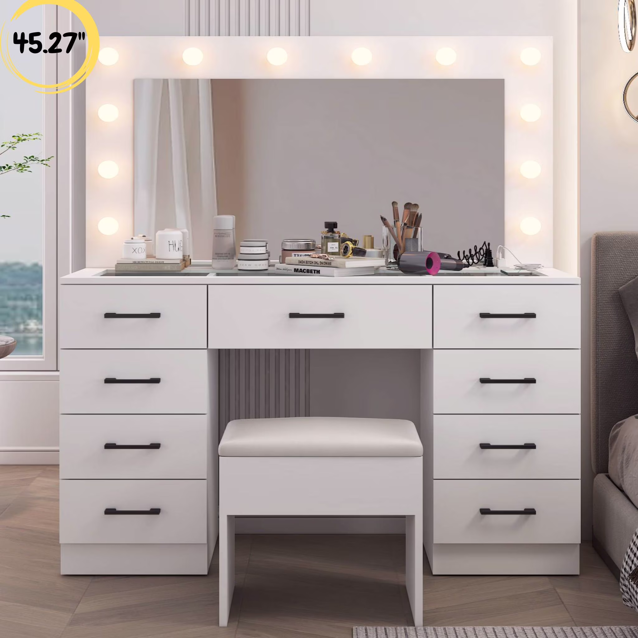 Large Makeup Vanity, Vanity Table Set w/ Visible Glass Top w/ Charging Station, White(White-9 Drawer)