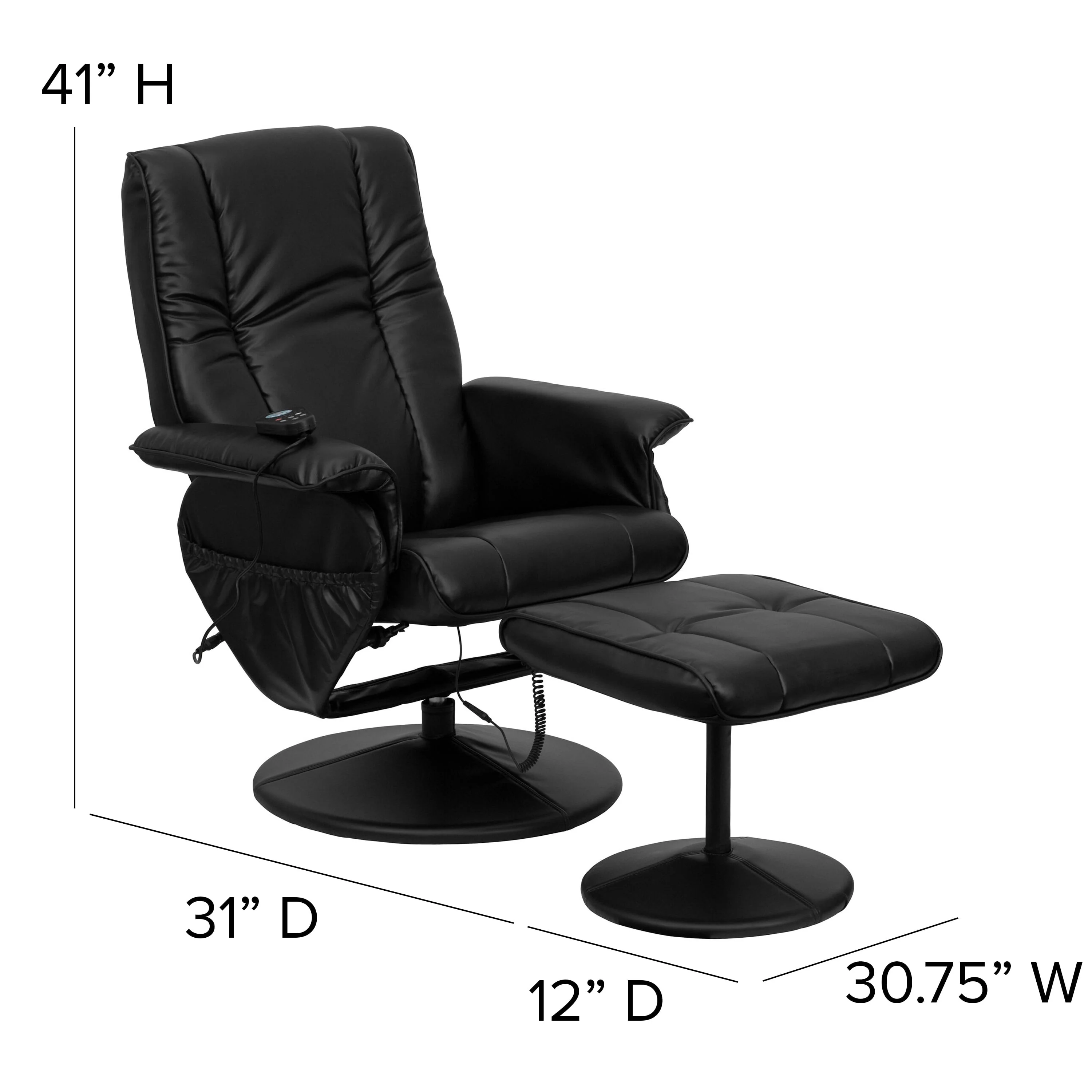 Bizchair Massaging Heat Controlled Adjustable Recliner and Ottoman with Wrapped Base in Black Leathersoft