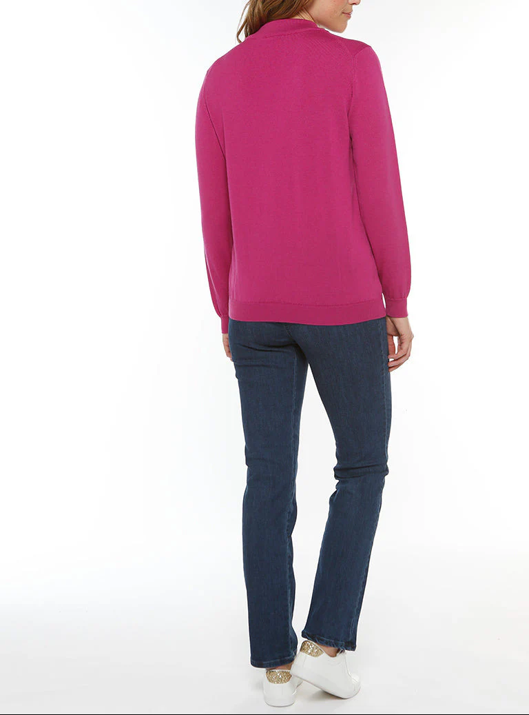 Pull femme col cheminée laine mérinos rose fuchsia