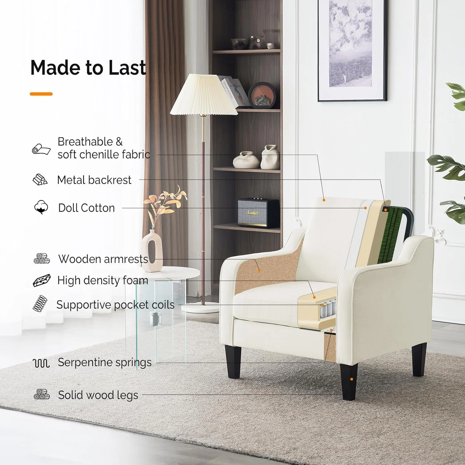 VINGLI Mid Century Modern Chenille Comfy Armchair, Creamy White