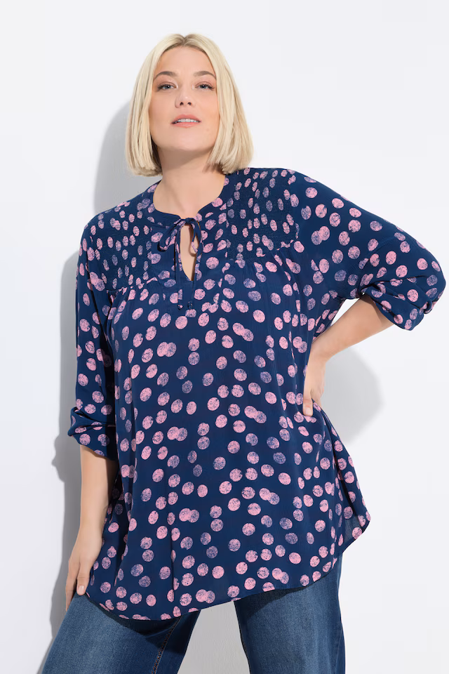 Smocked Long Sleeve Polka Dot Blouse