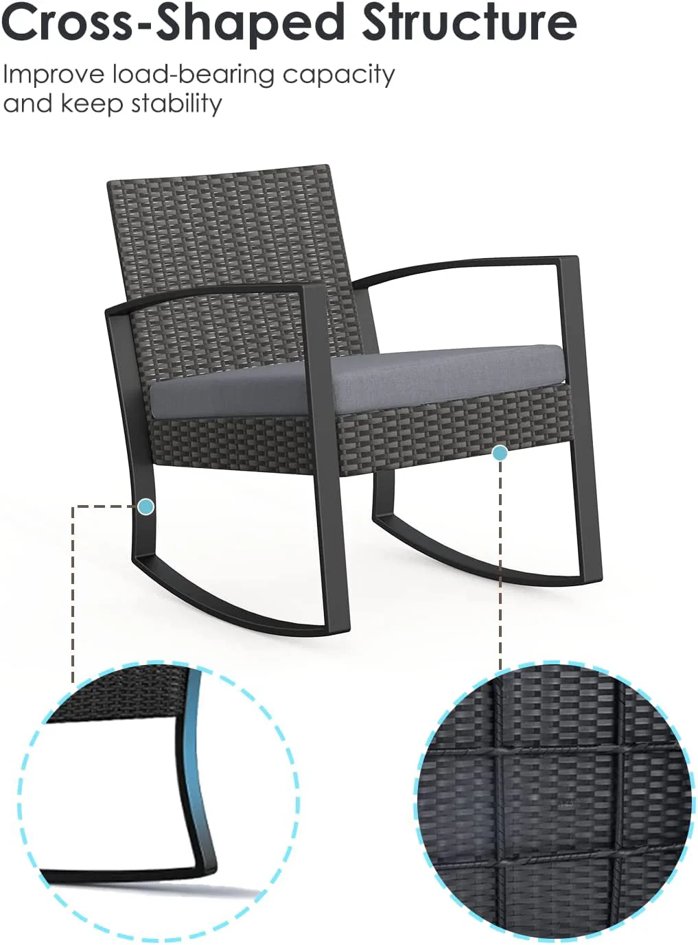 Patio Chairs Set, Outdoor Porch Balcony Furniture Set with Glass Coffee Table, Patio Rocking Wicker Chairs Set with Gray Cushion(Upgraded)(Gray) Image 4