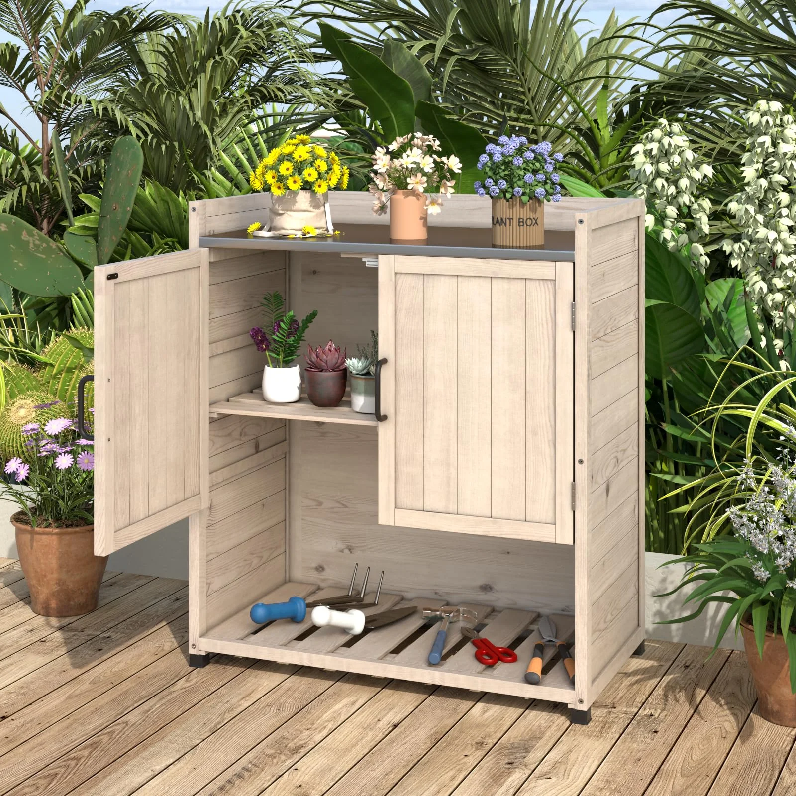 Potting Bench, Wooden Outdoor Storage Cabinet with Adjustable Shelf, Patio Storage with Metal Tabletop, Potting Table for Garden, Patio and Lawns, Gray(Gray) - Image 10