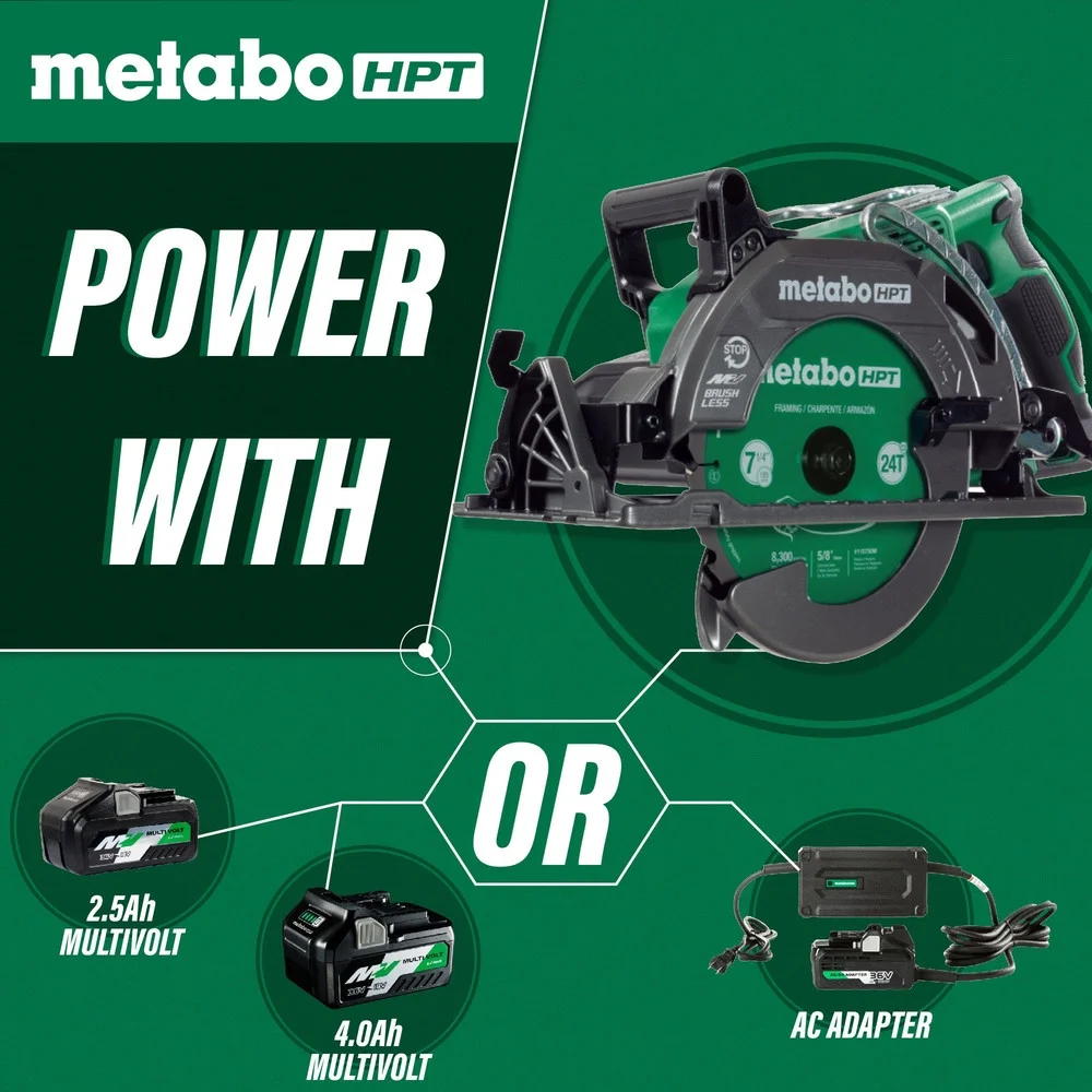 Metabo HPT 36V Multivolt 7 - 1/4 in Rear Handle Circular Saw, Lightweight Design, up to 500 2x4 Cuts per Charge, 53 Adjustable Bevel Capacity, Lifetime Tool Body Warranty, C3607DWA