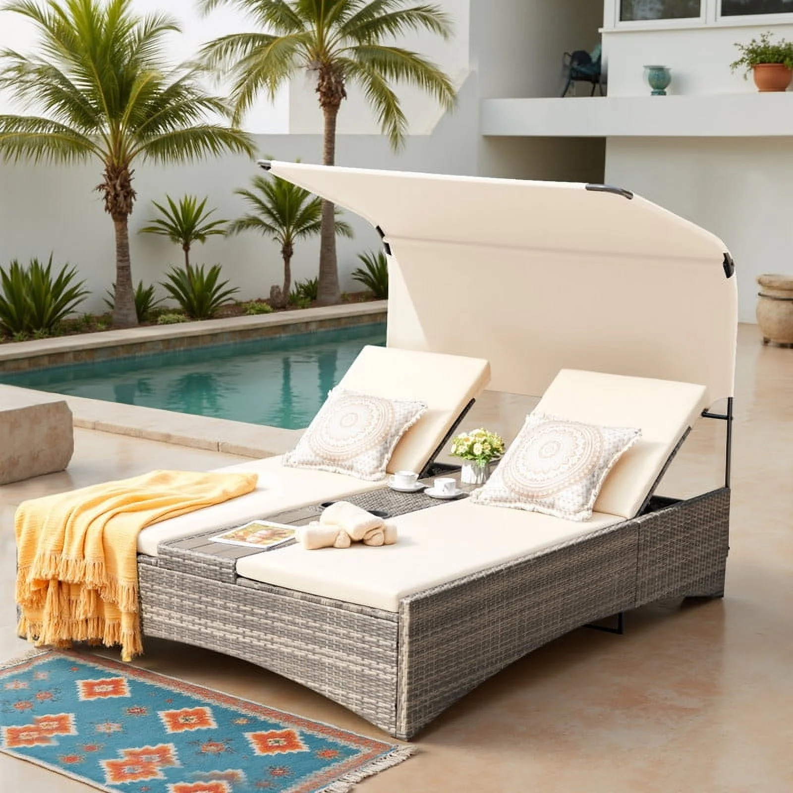 Rattan Double Lounge Chaise, Adjustable Backrest Daybed with Sunshade and Cup Holder for Deck, Poolside, Balcony,beige(Beige) - Image 6