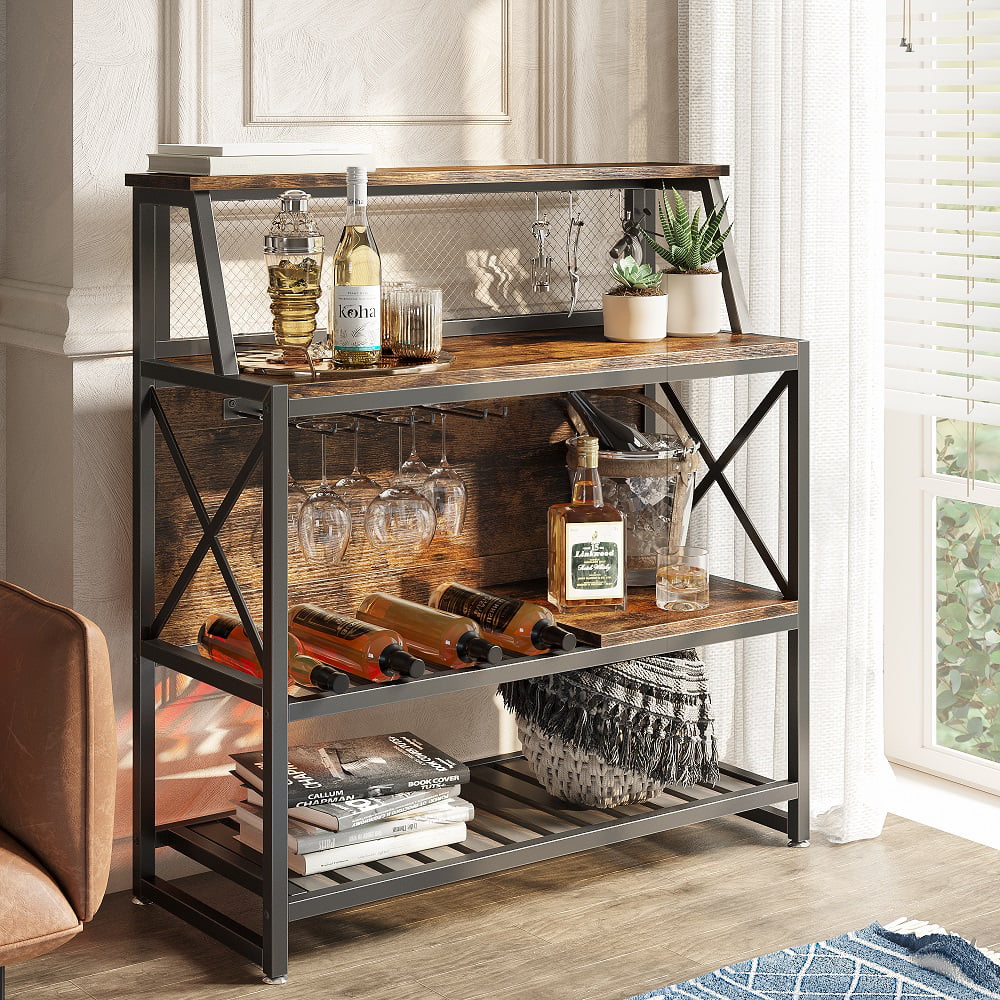 Bestier 3 Tier Liquor Bar Table Wine Bar Cabinet Coffee Station for Kitchen Rustic(Gray)