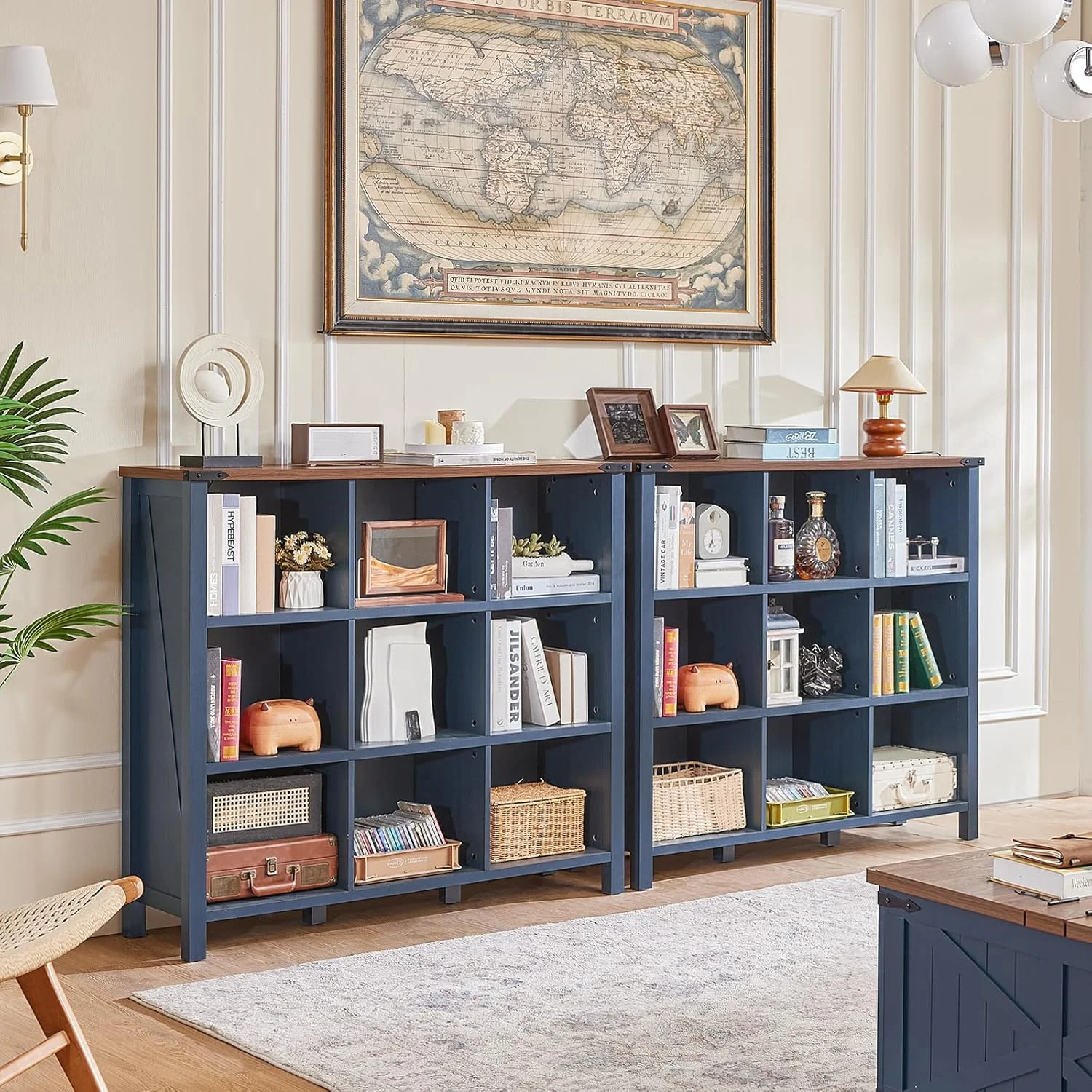 9 Cube Bookcase, Farmhouse 47 Inch Wide Navy Blue Bookshelf, Wooden 3 Tier Display Large Open Book Shelf, Vintage Horizontal Book Case for Home Office, Cubby Storage Cabinet for Living Room(9 Cube (13.6 "D x 47.24 "W x 42.2"H)/Navy Blue) - Image 4