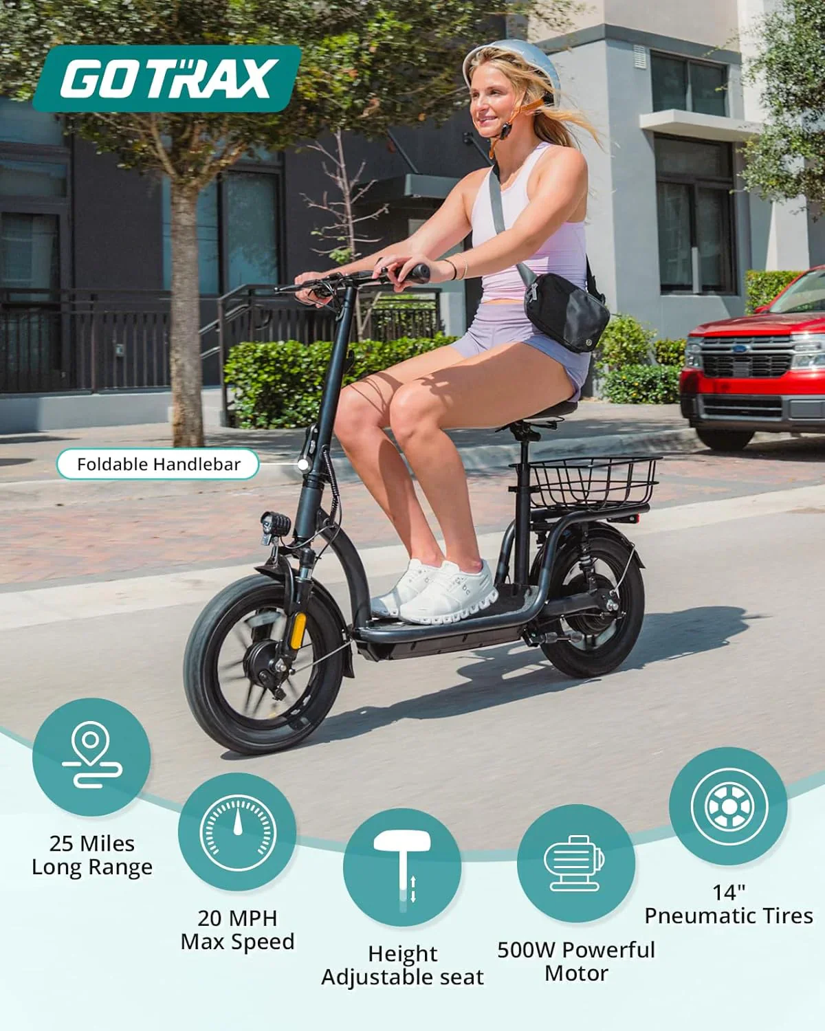 Trottinette électrique Gotrax pour adultes avec siège, autonomie maximale de 30 à 40 km, pneus tout-terrain, larges pédales