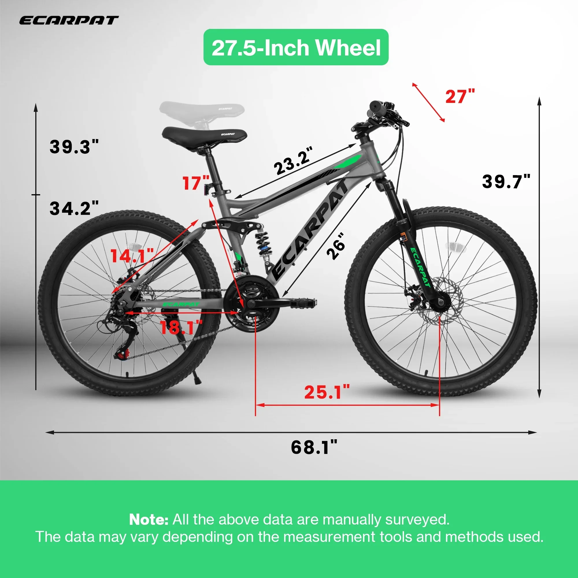 27.5 Inch Dual Full Suspension Mountain Bike, 21-Speed Mountain Bike with Dual Disc Brakes and Carbon Steel Frame, Trail Beach Snow Commuter City Bicycles for Adult Men Women, Black