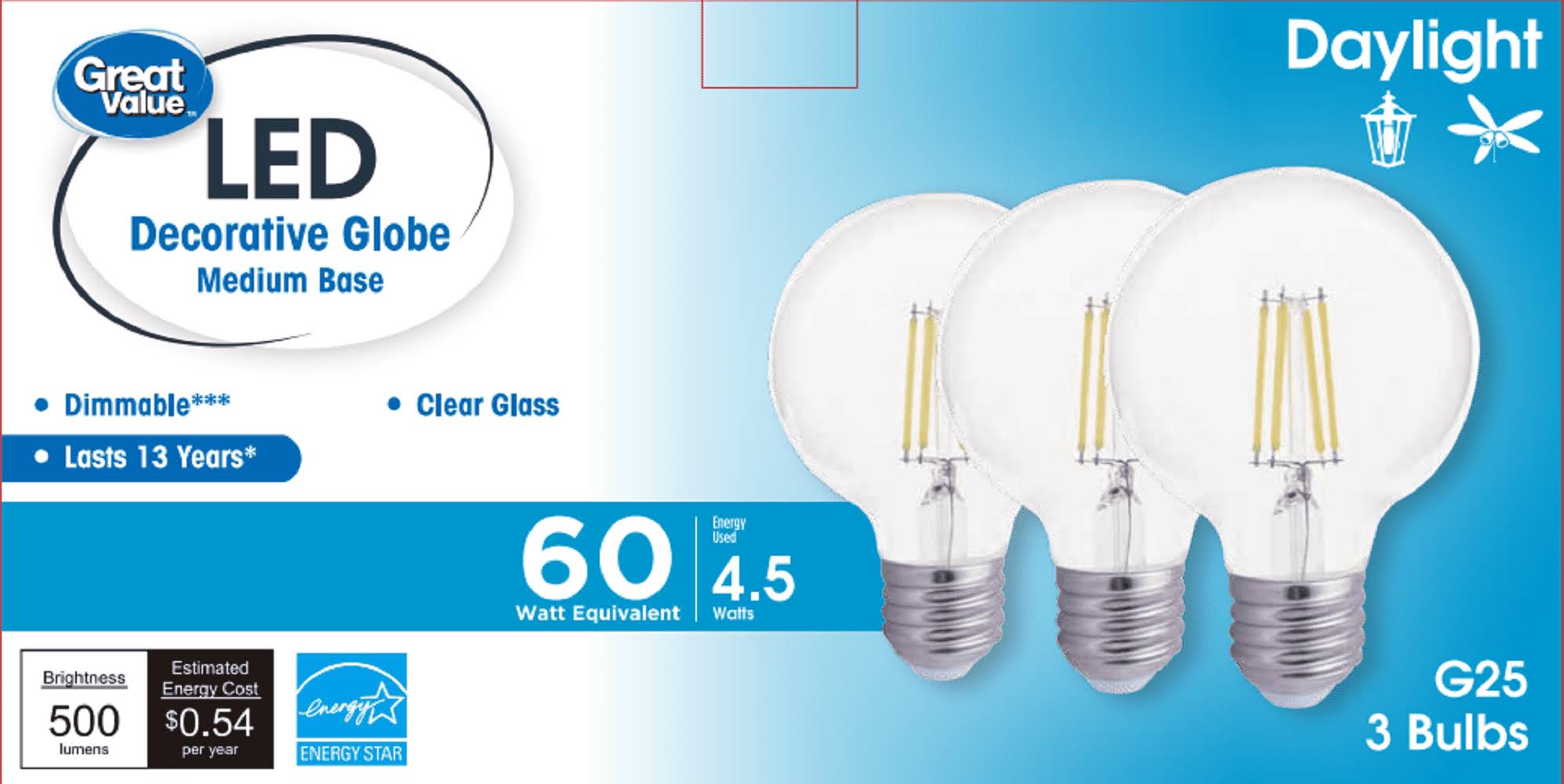 Great Value Deco LED G25 Light Bulb 60W Eqv. Dayight, E26 Base, 3 Pack