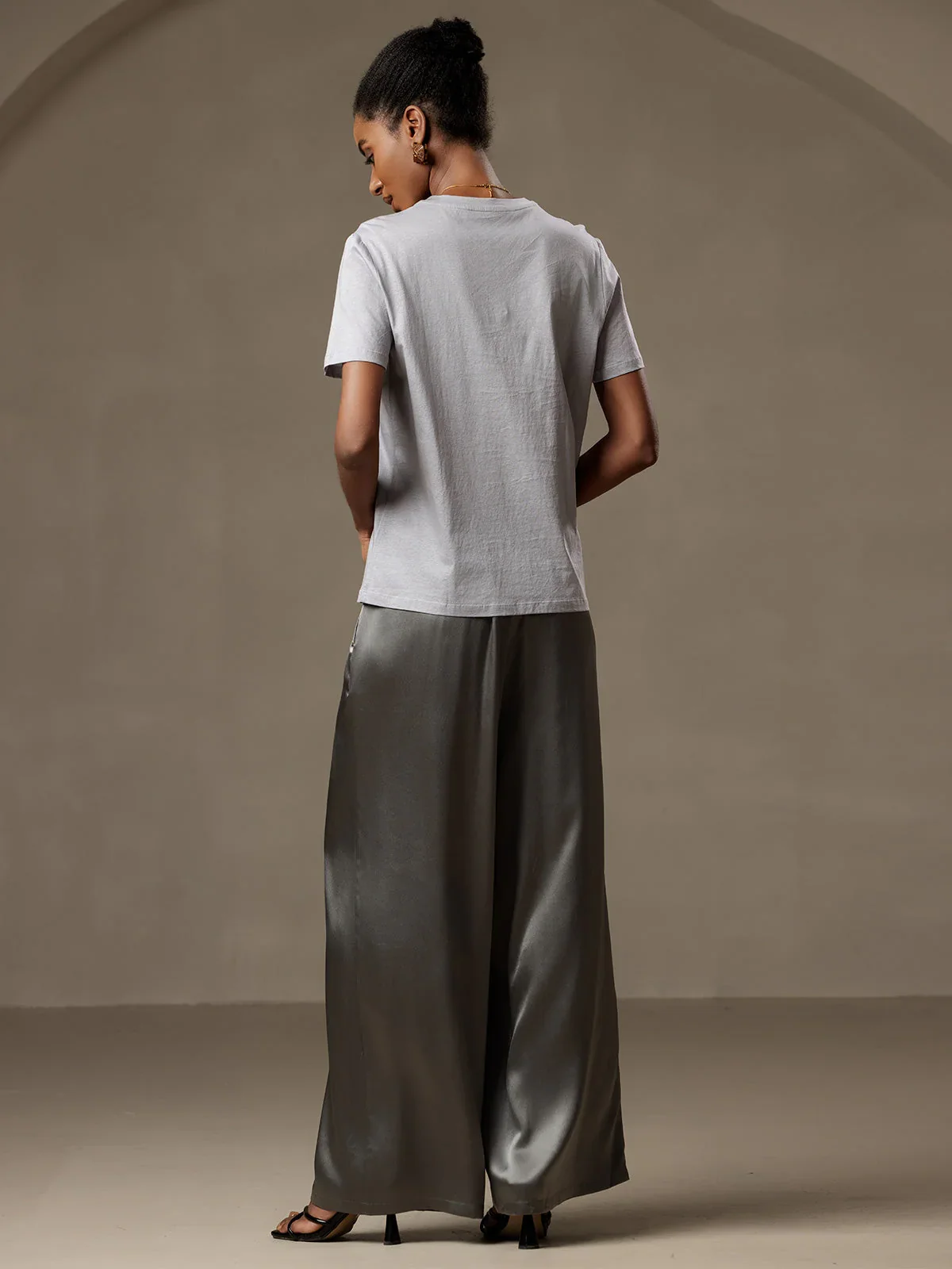 Pure Silk Wide Leg Women's Pants with Elastic Waist Design