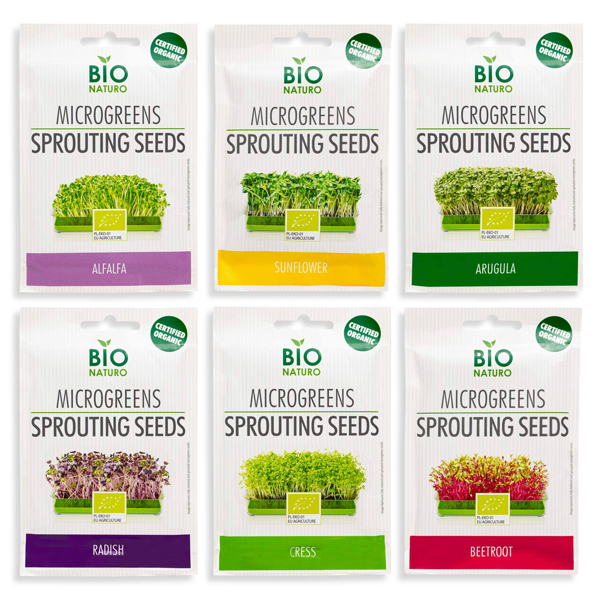 Microgreens Sprouting Seeds | Organic Heirloom Non-GMO | 6-Pack (150g) Alfalfa, Arugula, Beetroot, Cress, Radish, Sunflower