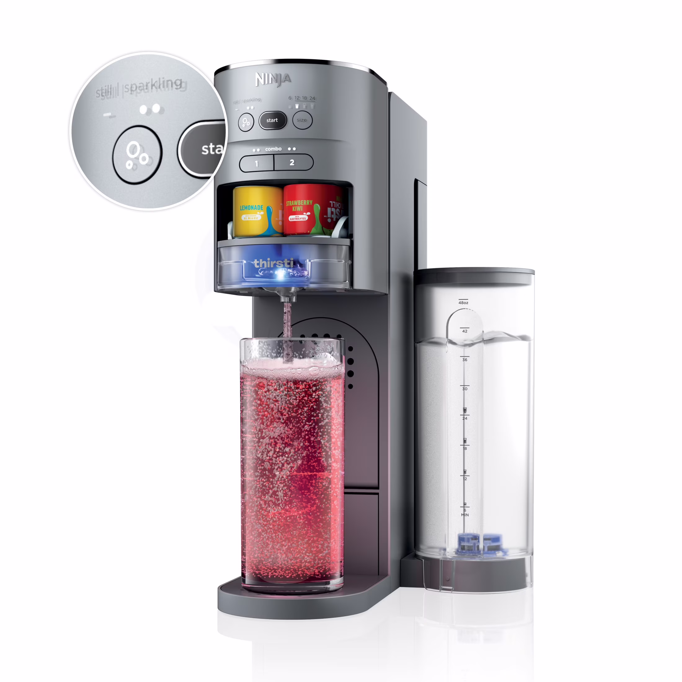 Ninja Thirsti Drink Maker, Still, Sparkling Custom Drink Kit, with CO2 Canister, Flavors, and 48 oz Reservoir