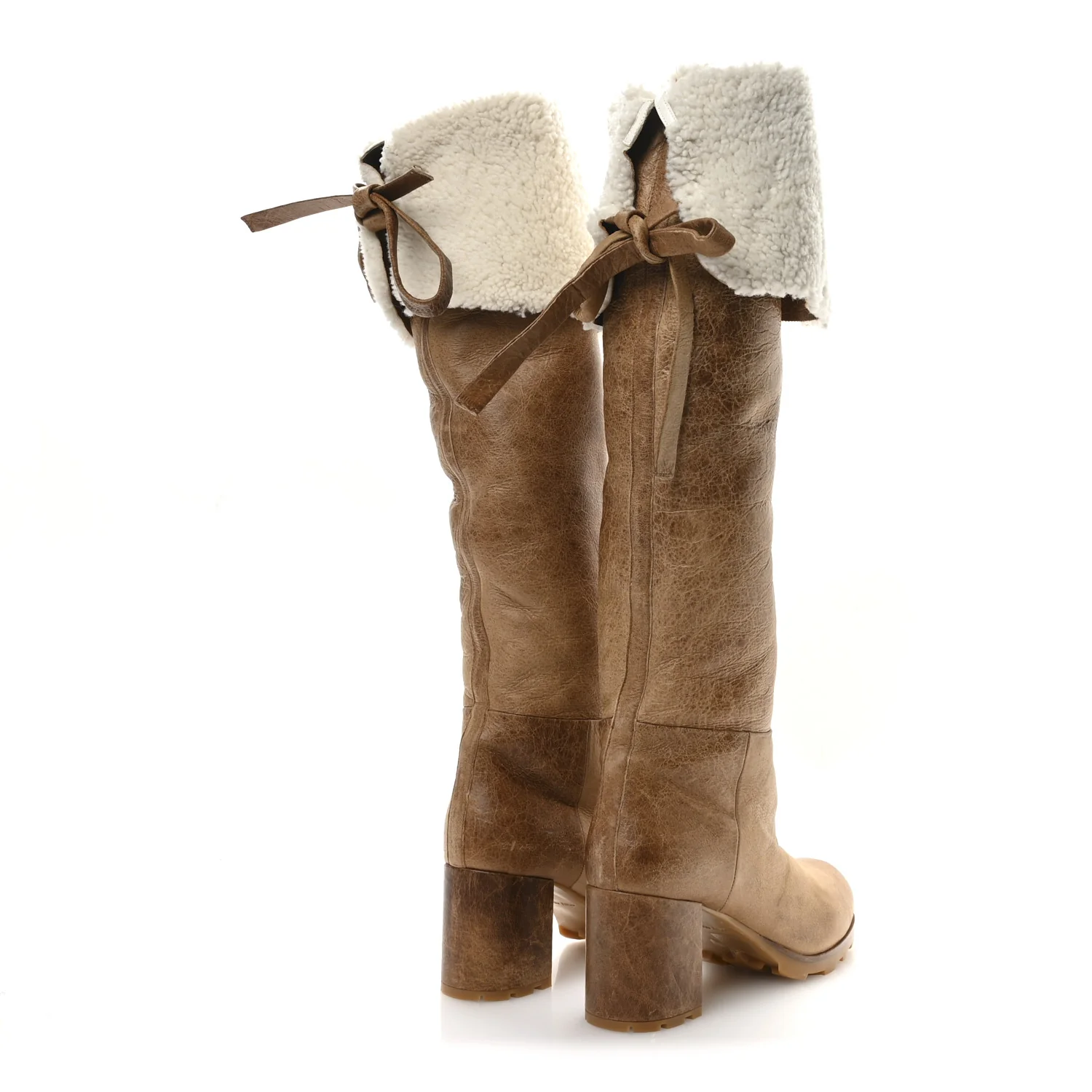 Shearling Calfskin Knee High Heel Boot 38.5 Brown